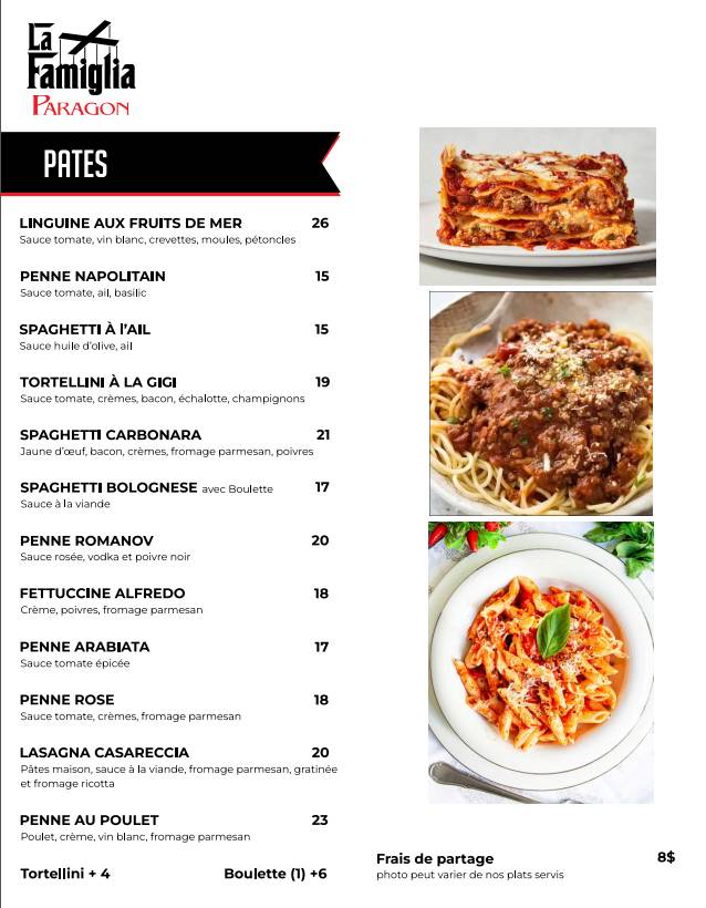 Menu de La Famiglia Paragon