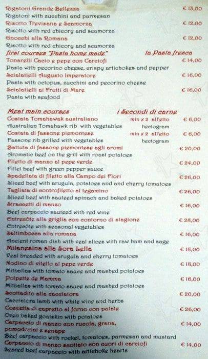 Menu di Ristorante Parioli Milano 