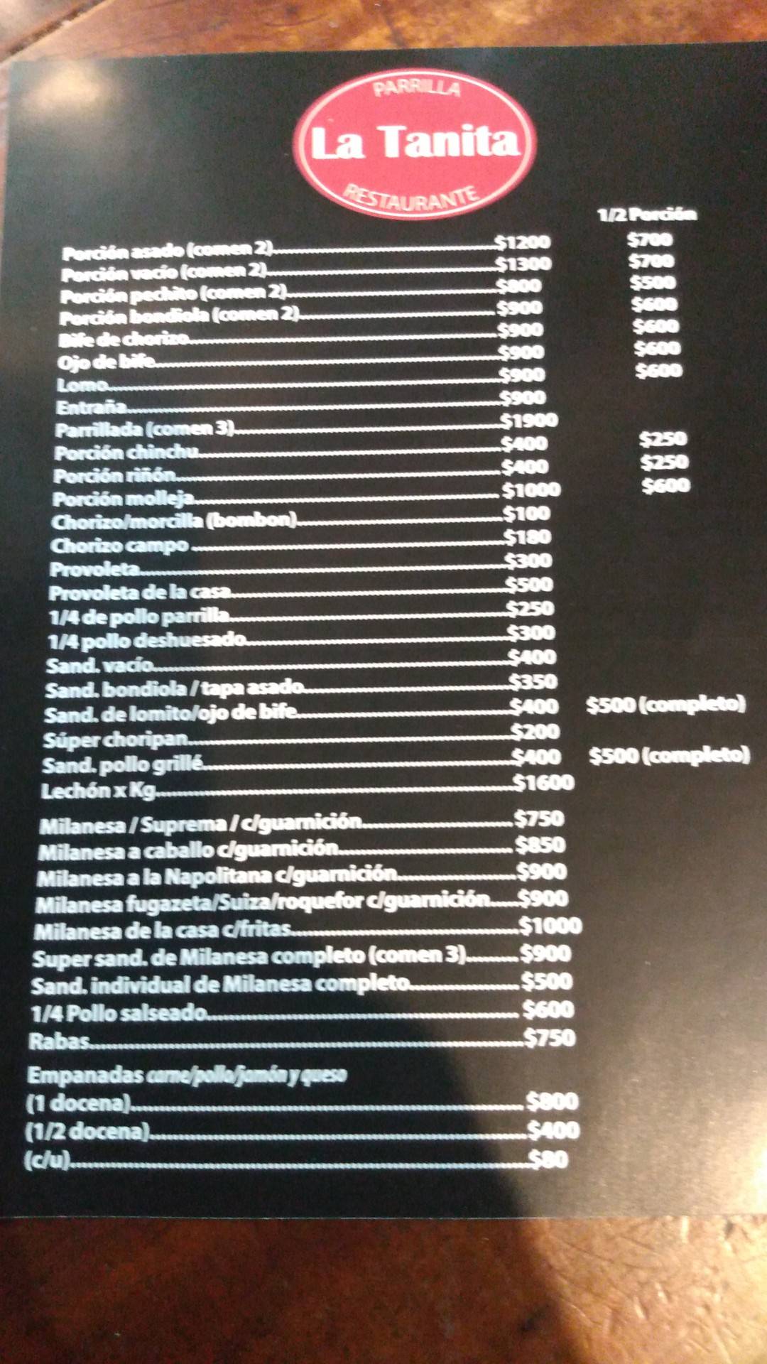 Carta de Parrilla La Tanita, Ramos Mejía