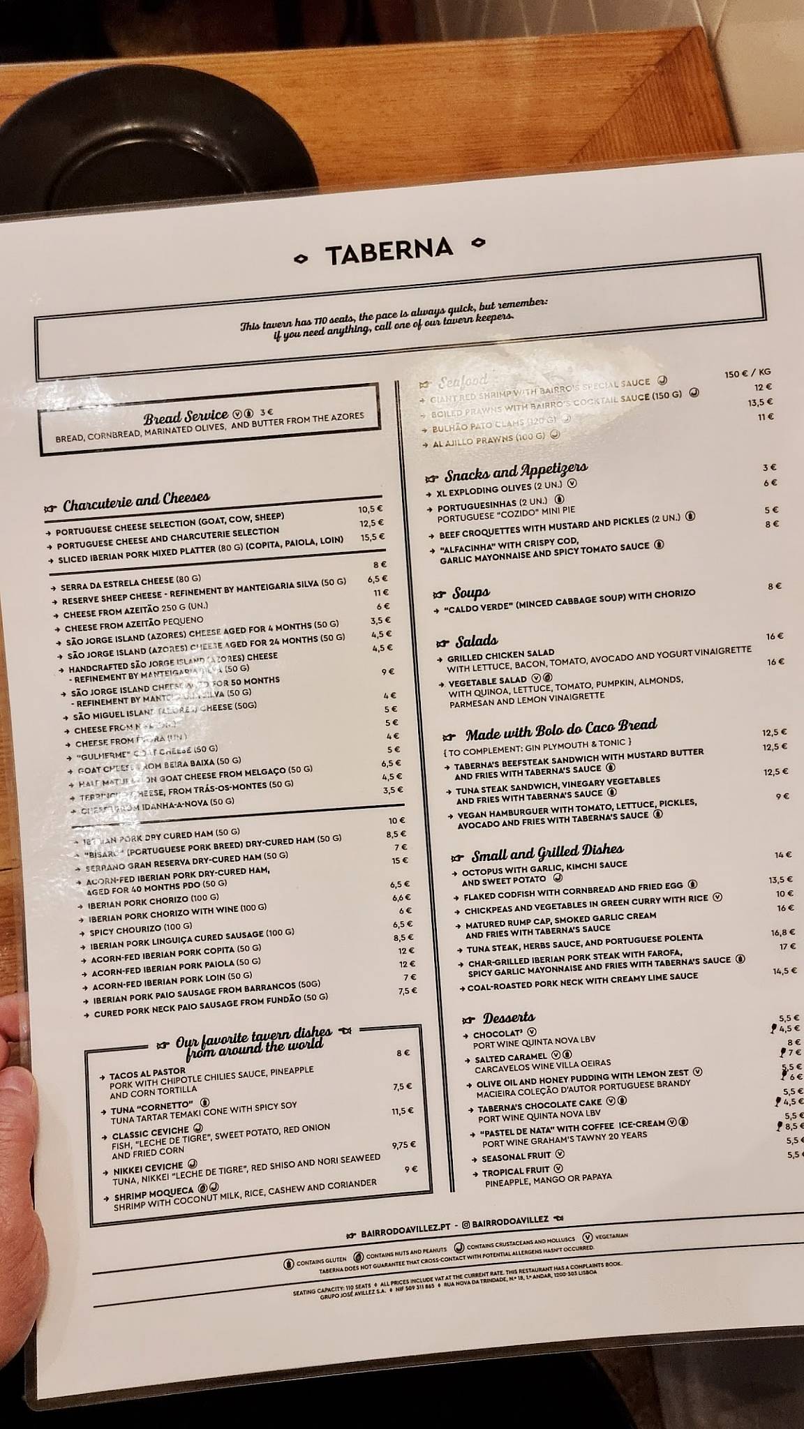 Menu at Pateo Bairro do Avillez restaurant, Lisbon