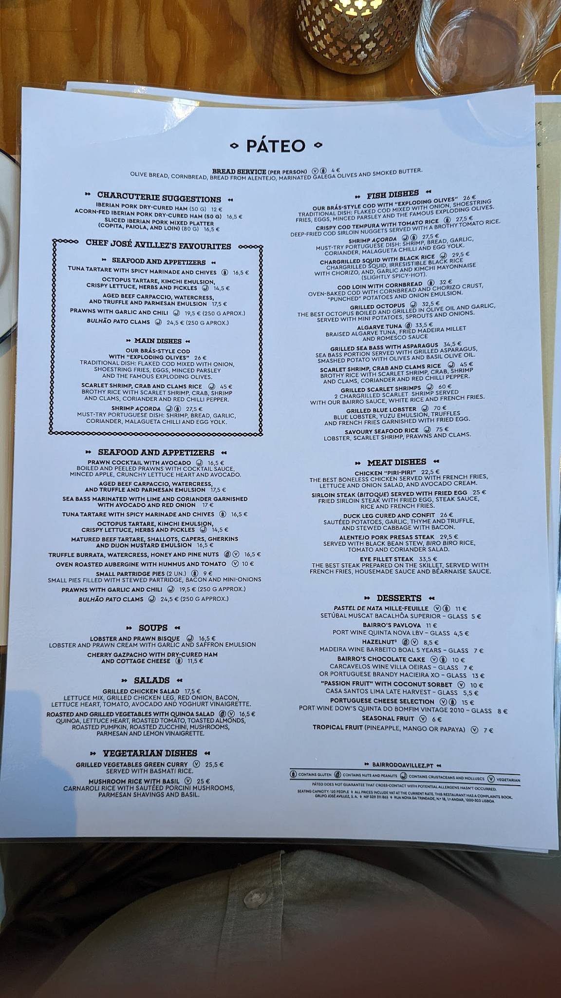 Menu at Pateo Bairro do Avillez restaurant, Lisbon