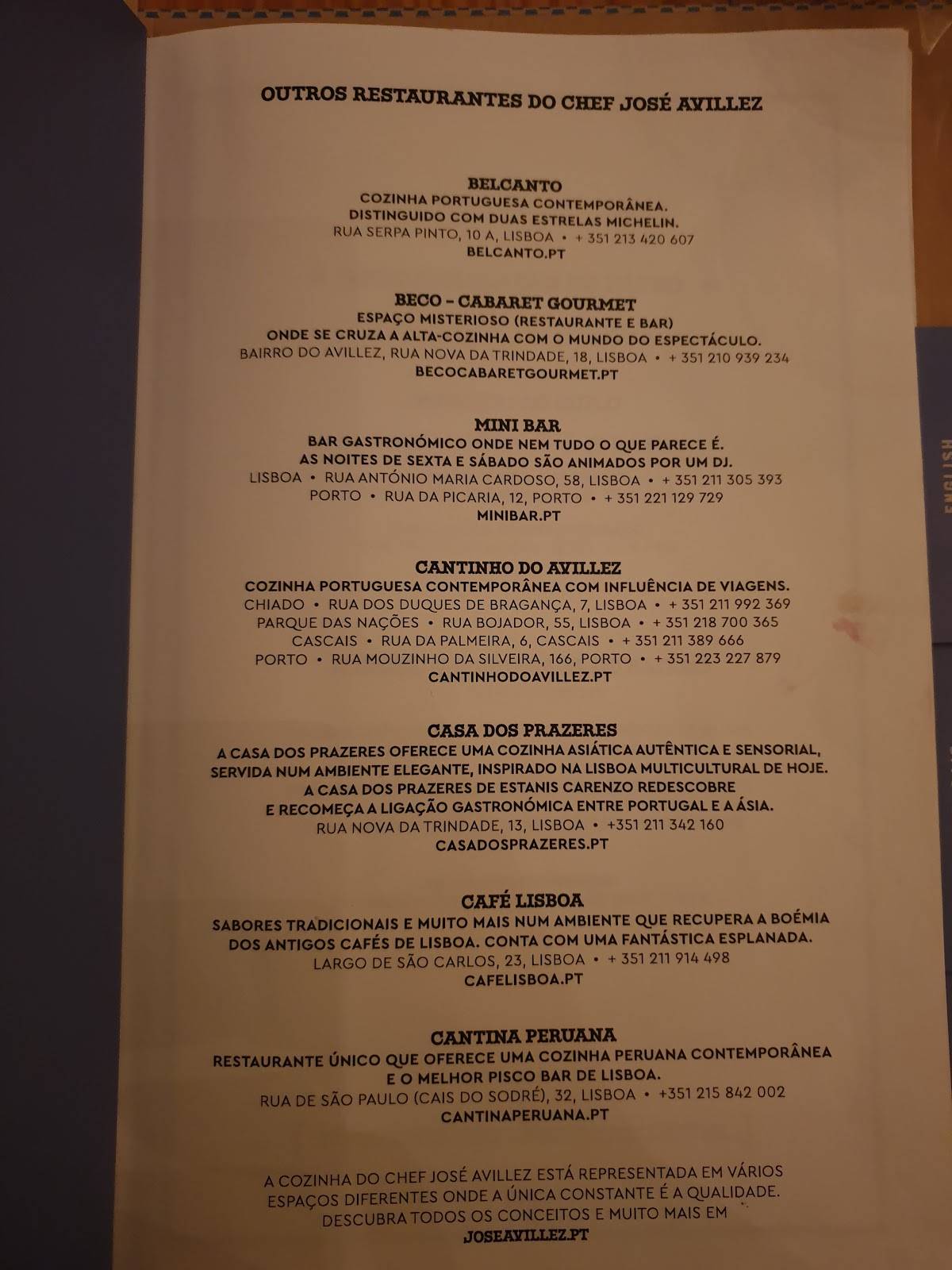 Menu at Pateo Bairro do Avillez restaurant, Lisbon