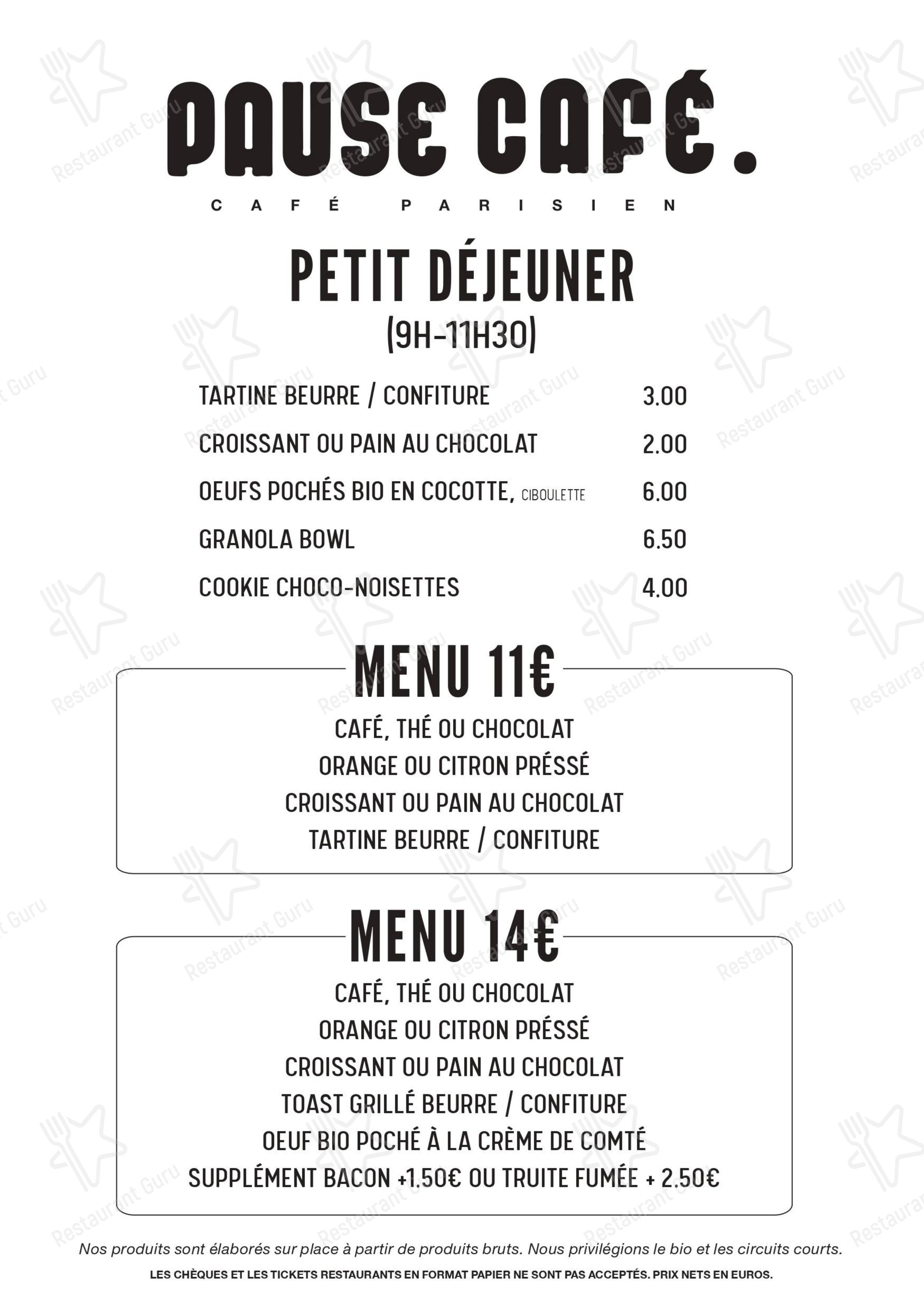 Menu pour Pause Café - Menu
