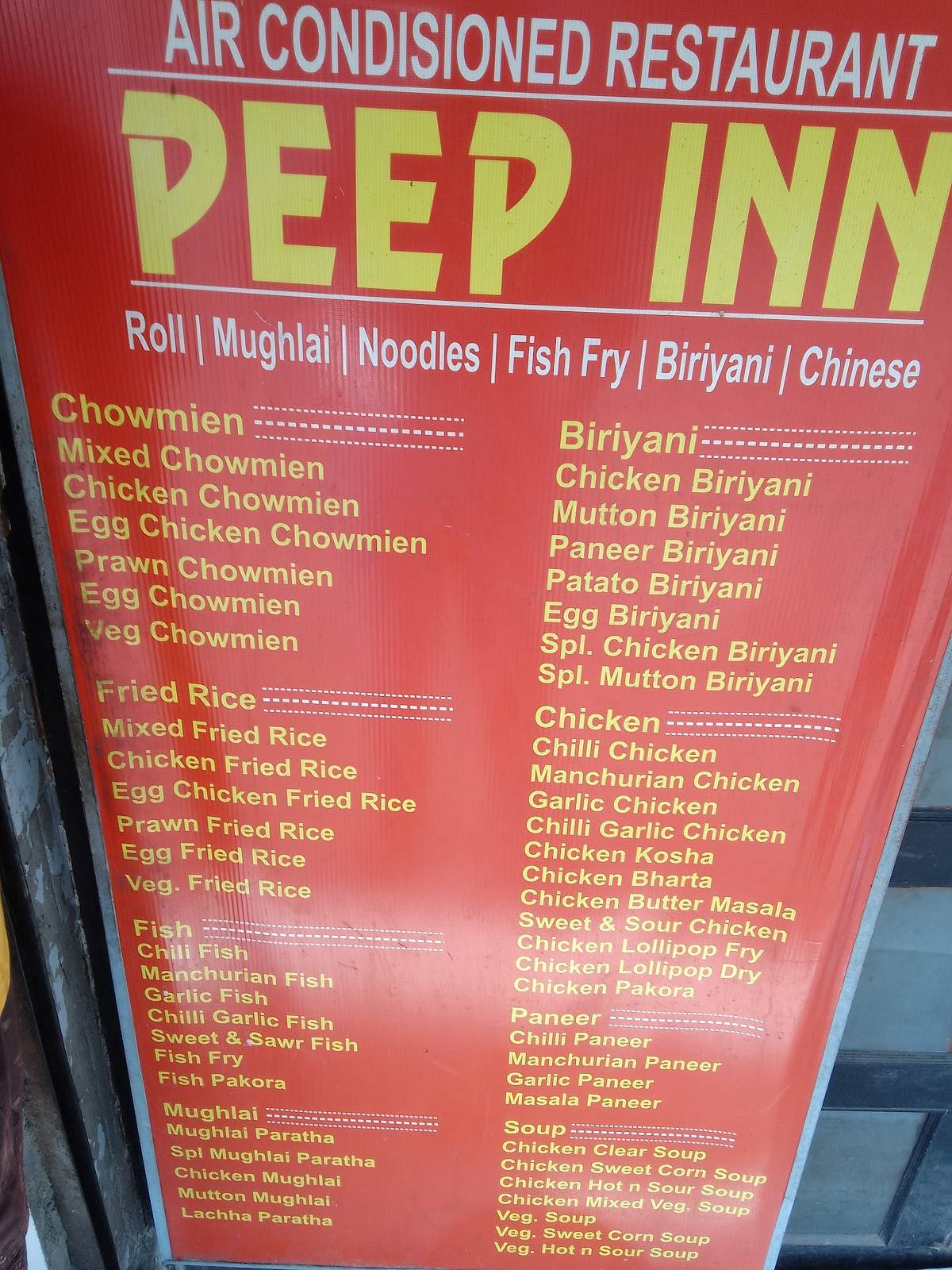 Peep In Restaurant menu