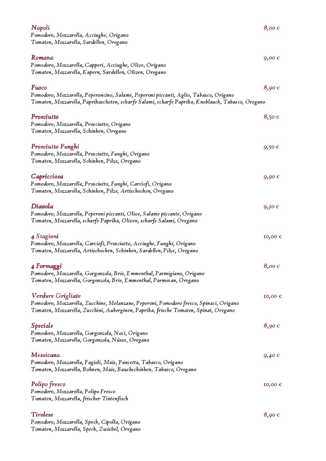 Menu di Pizzeria - Restaurant - Pension Löwen 