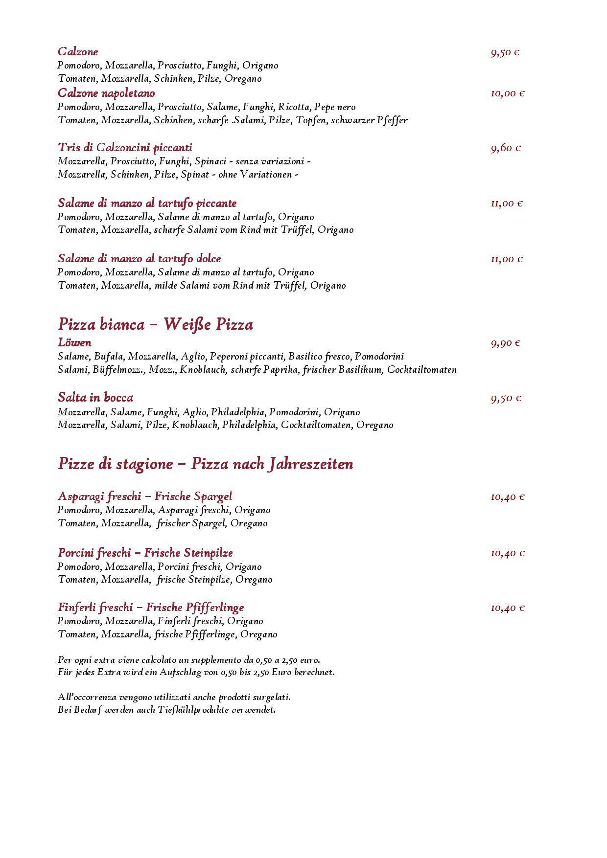 Menu di Pizzeria - Restaurant - Pension Löwen 