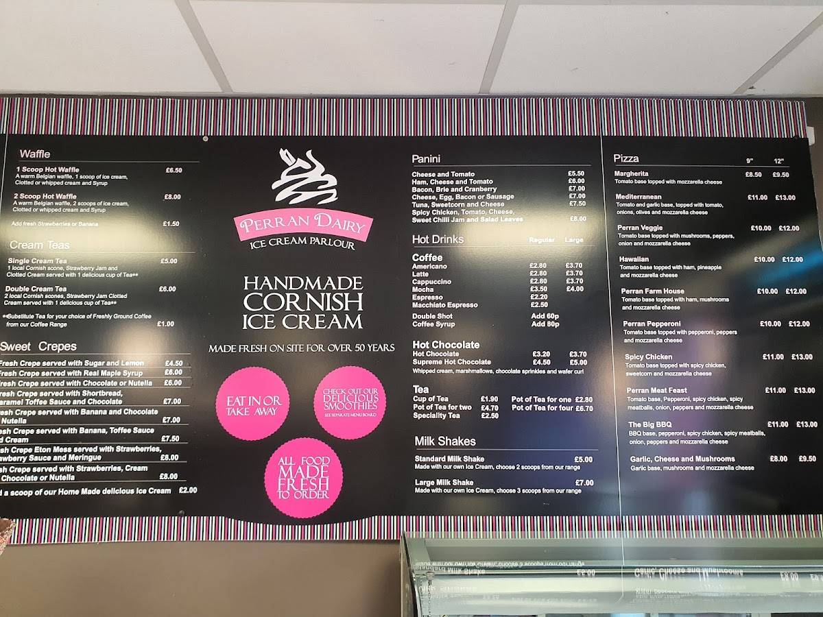 Menu at Perran Dairy Ice Cream Parlour pizzeria, Perranporth