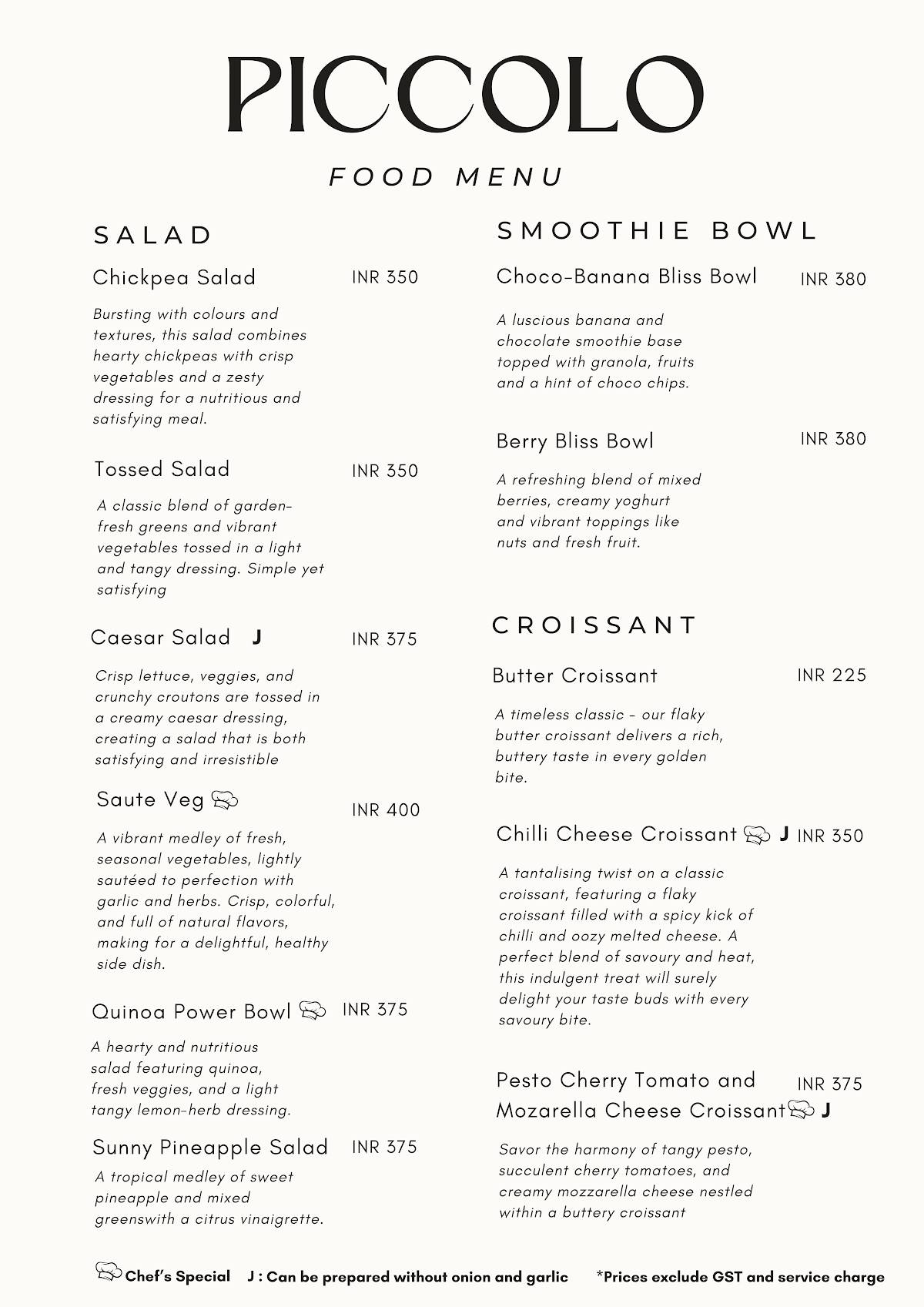 Piccolo Cafe menu