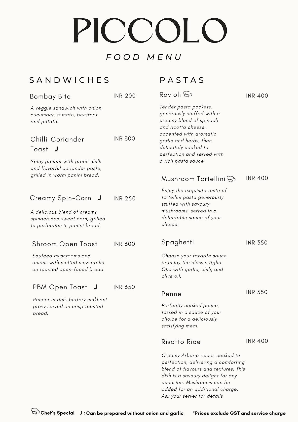 Piccolo Cafe menu