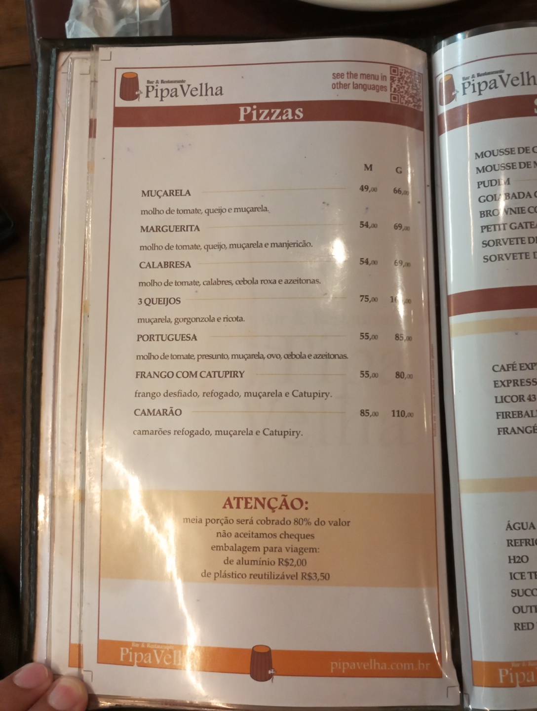 Pipa Velha Bar e Restaurante Copacabana cardápio