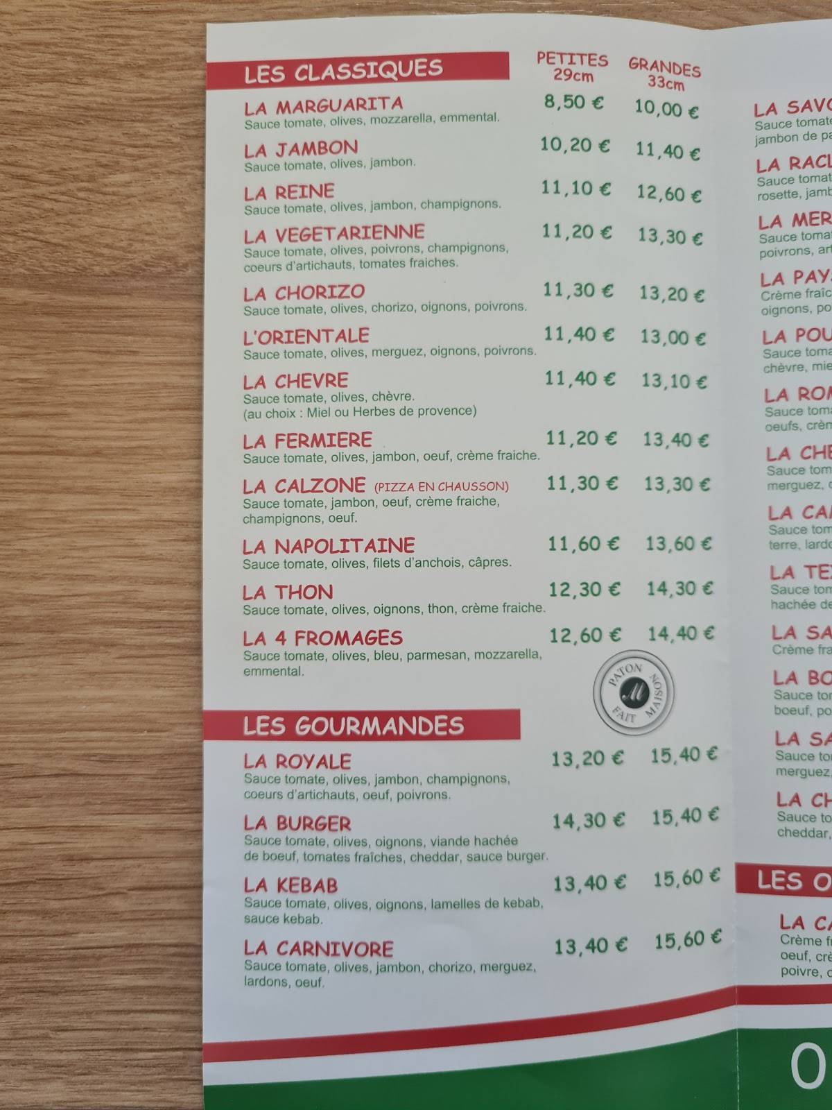 Menu de Pizz 'Amilly