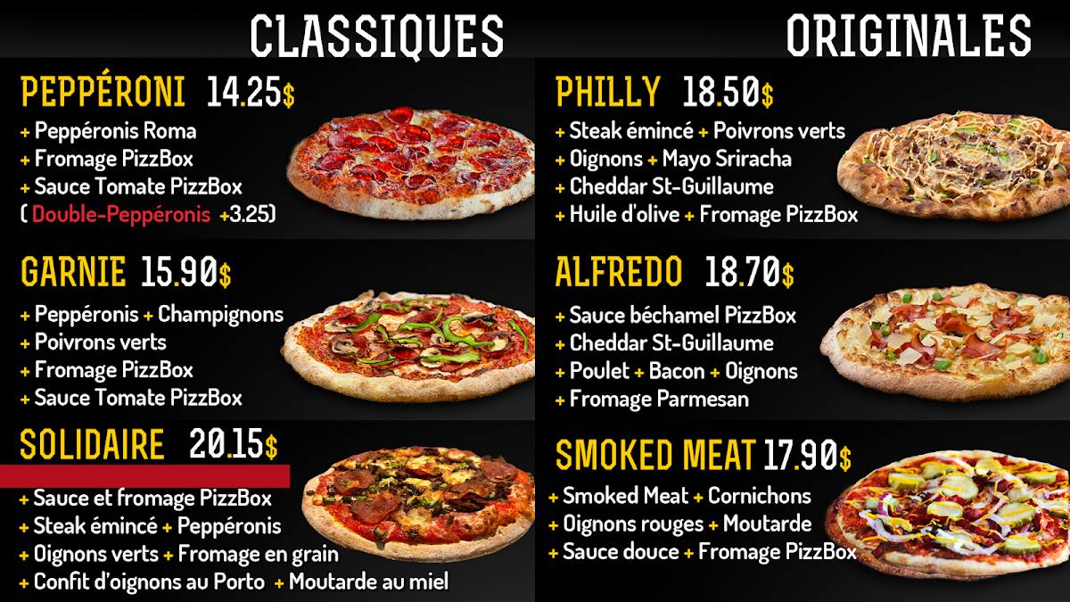 Menu de PizzBox La Boîte à Pizza St-Élie-RockForest
