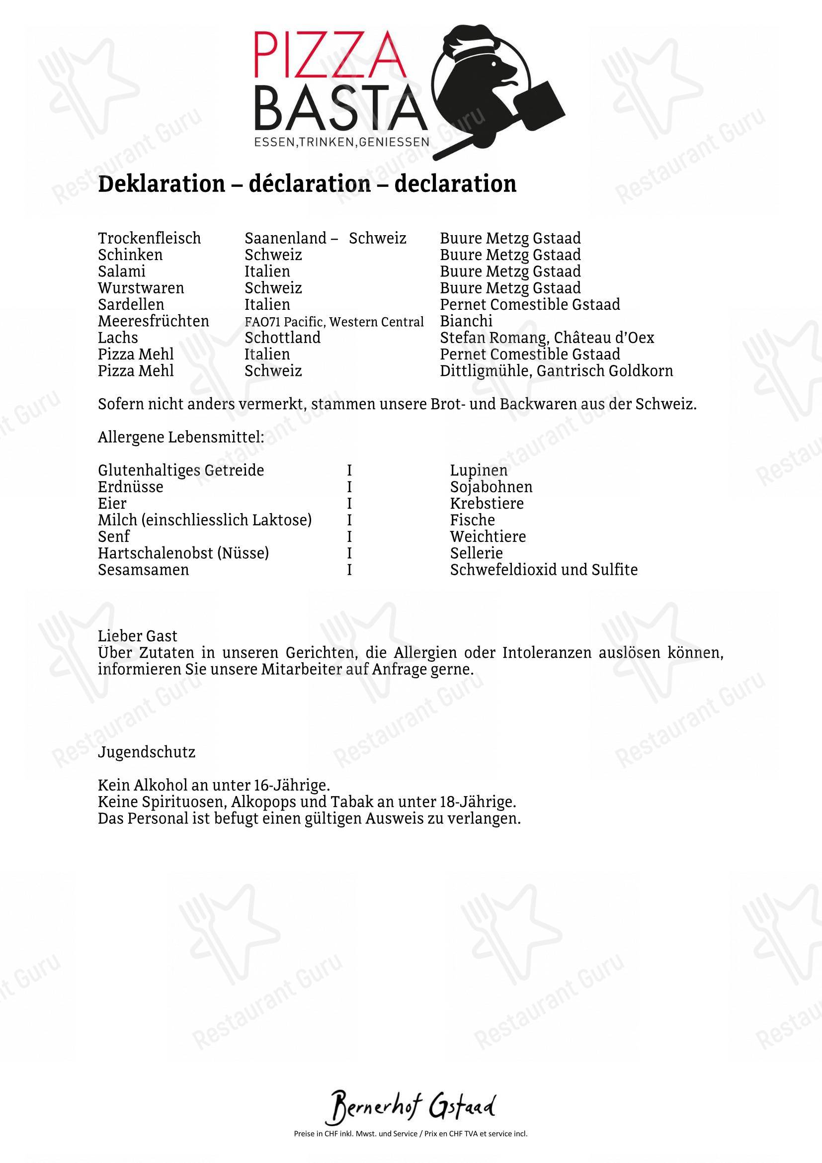 Menu per Pizza Basta ristorante