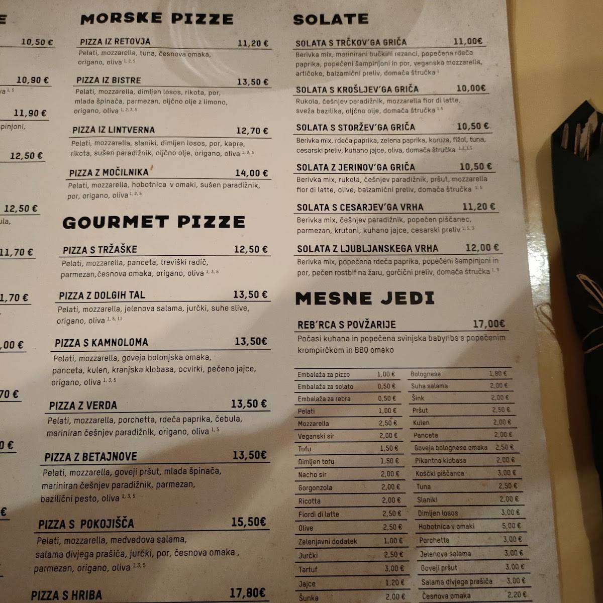 Menu di Pizza S Hriba 