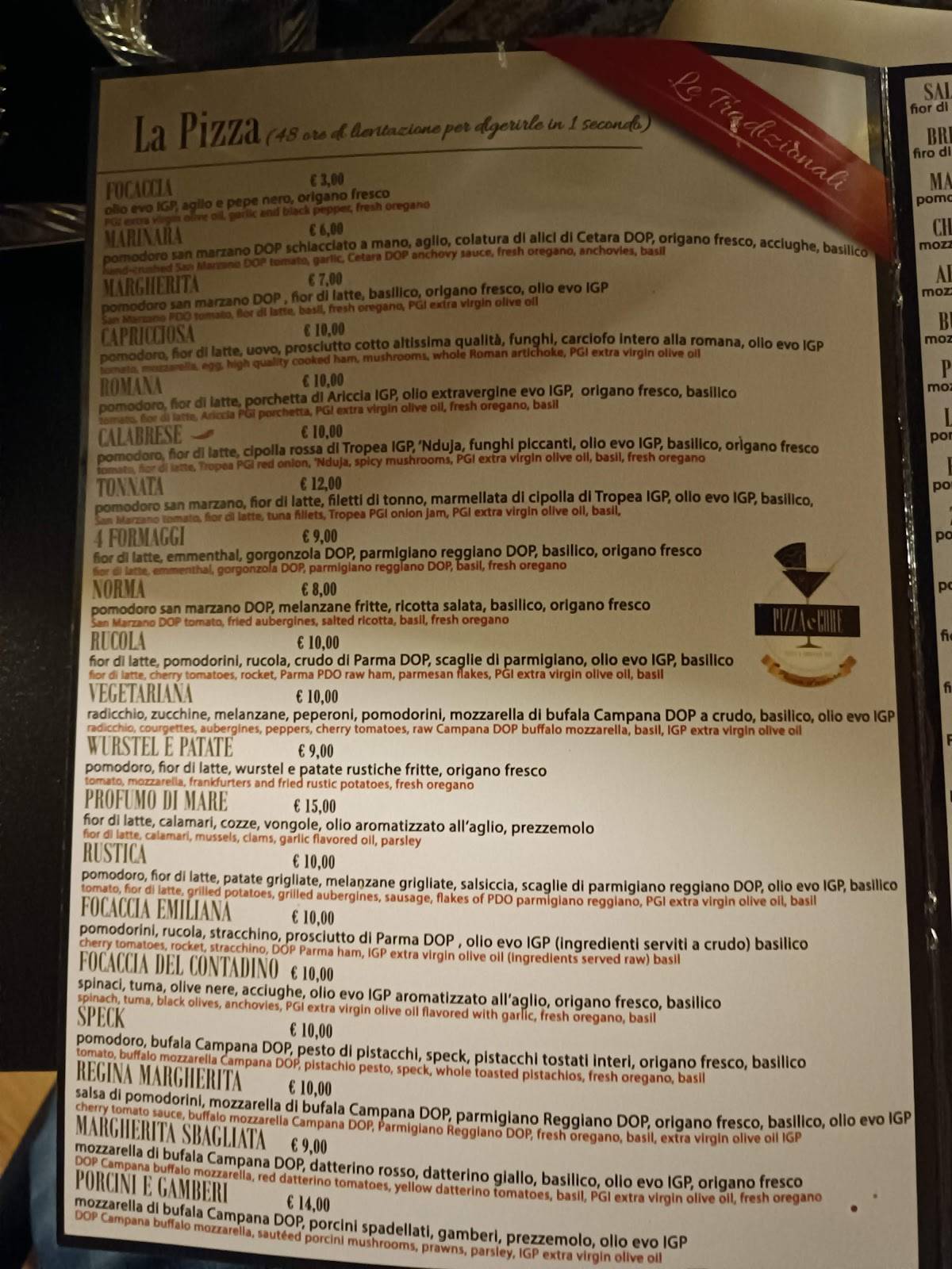 Menu di Pizza e Core Pizza & Cocktail Bar 