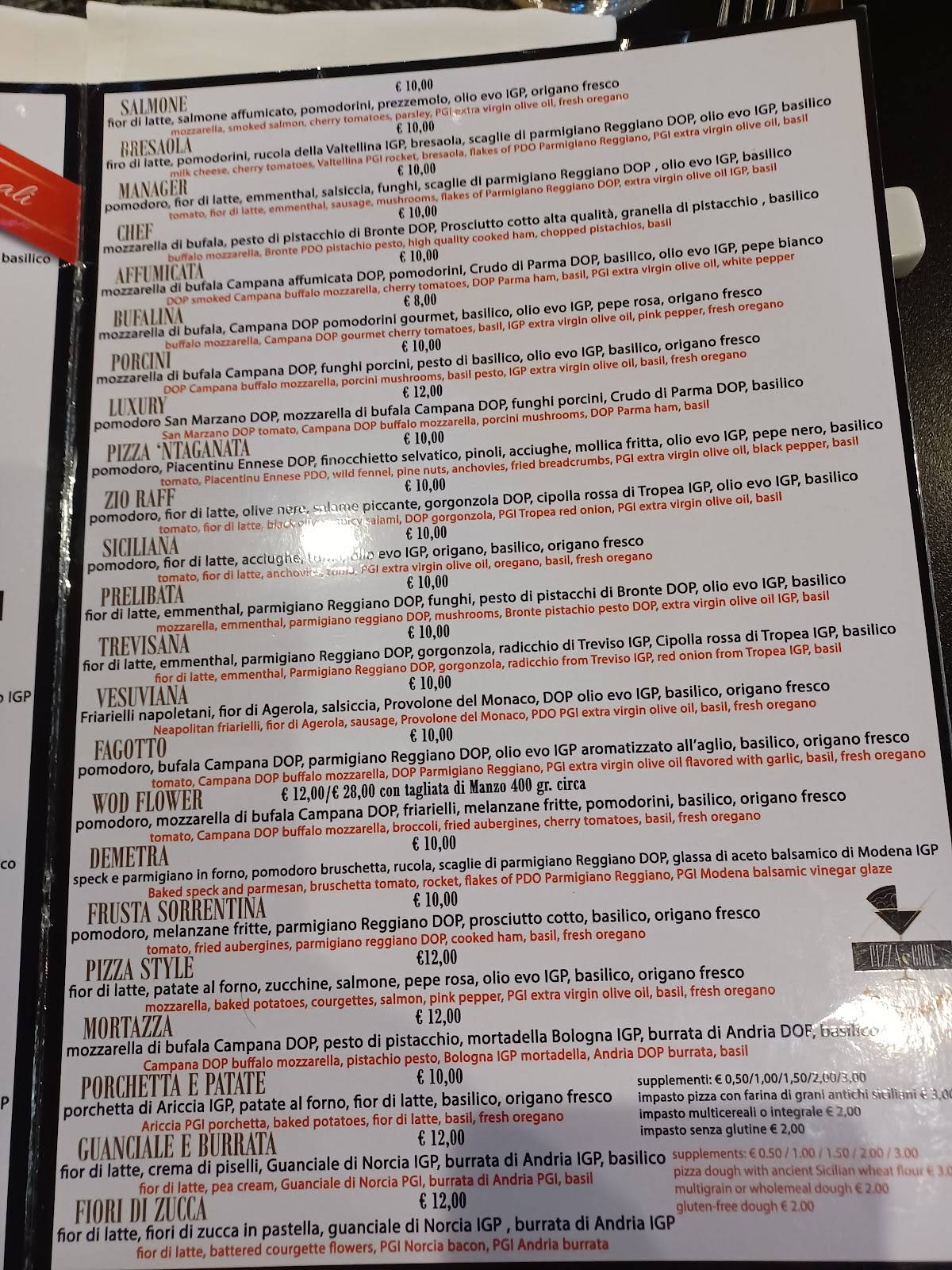 Menu di Pizza e Core Pizza & Cocktail Bar 