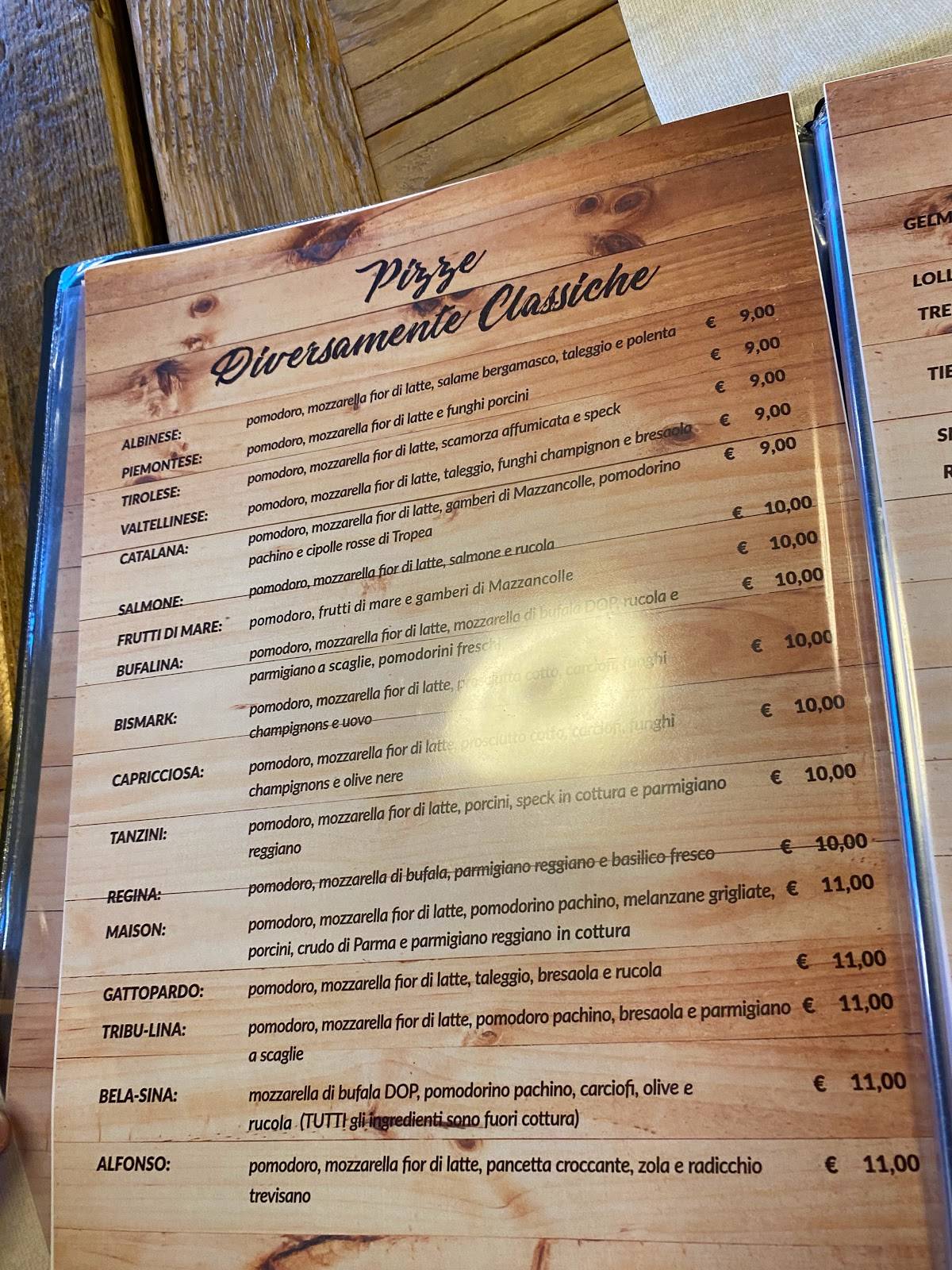 Menu di Pizzagrill funivia 