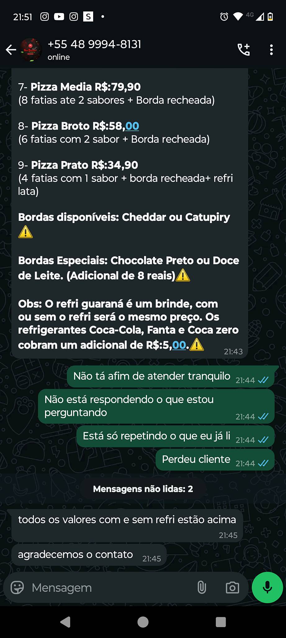 Pizzaria Don Thomaz cardápio