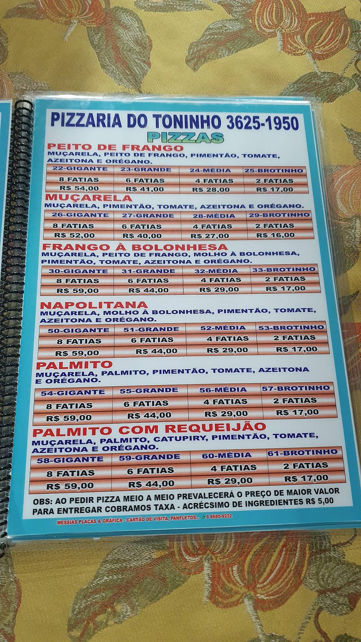 Pizzaria do Toninho cardápio