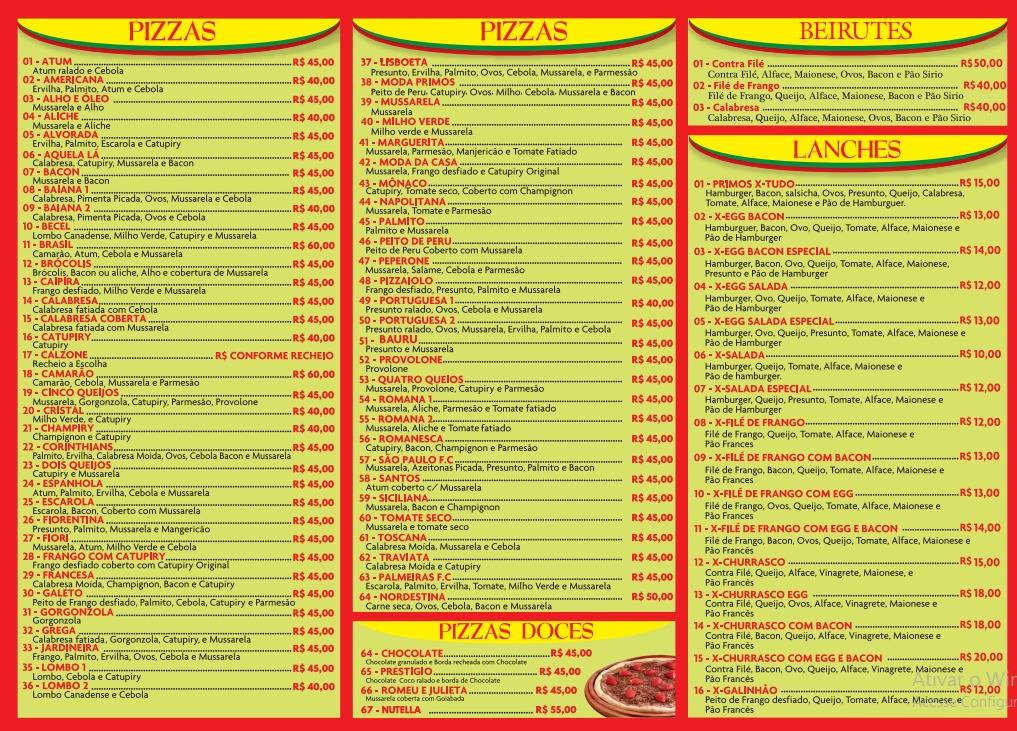Pizzaria lanchonete restaurante Primos cardápio