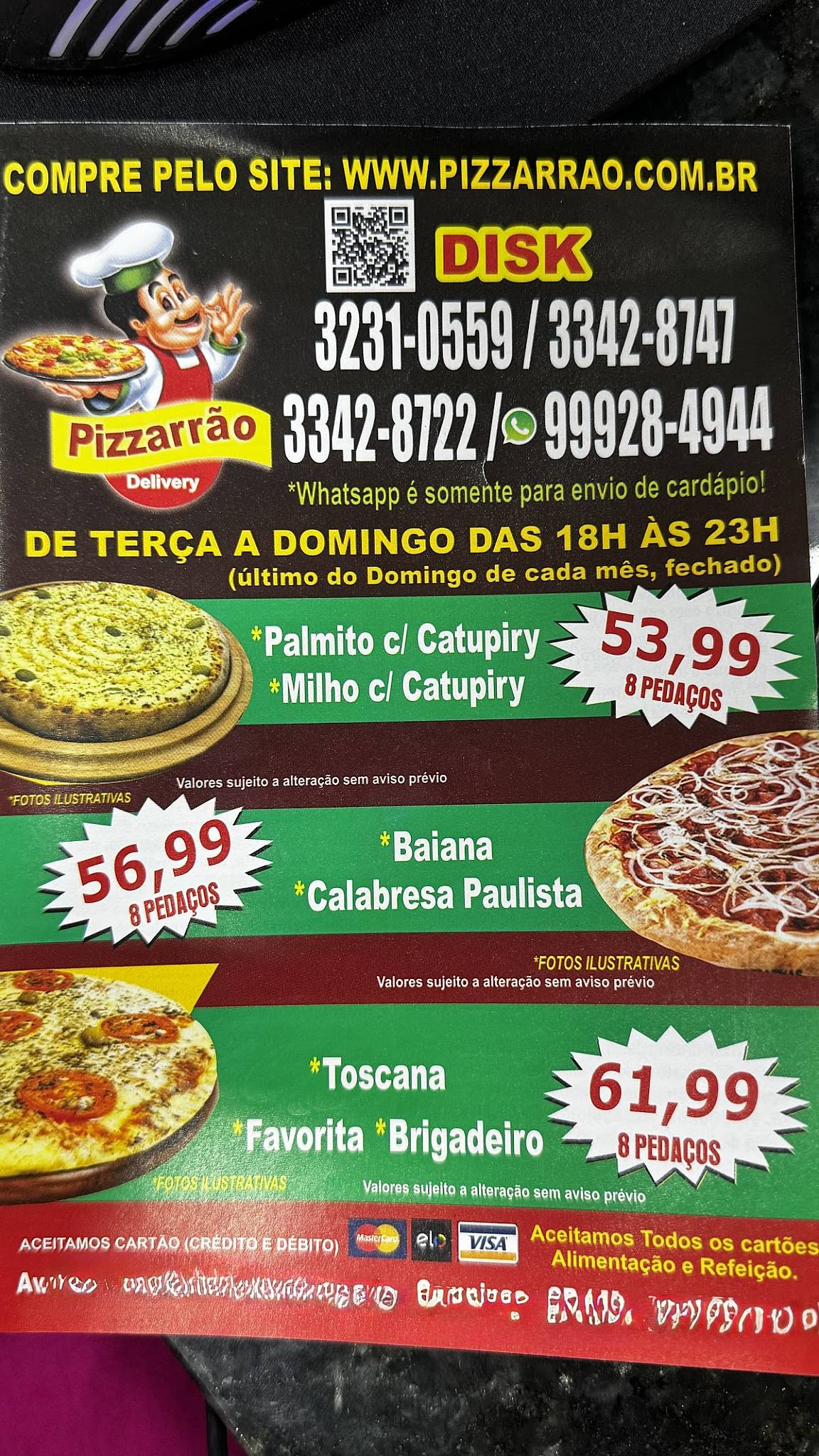 Pizzarrão cardápio