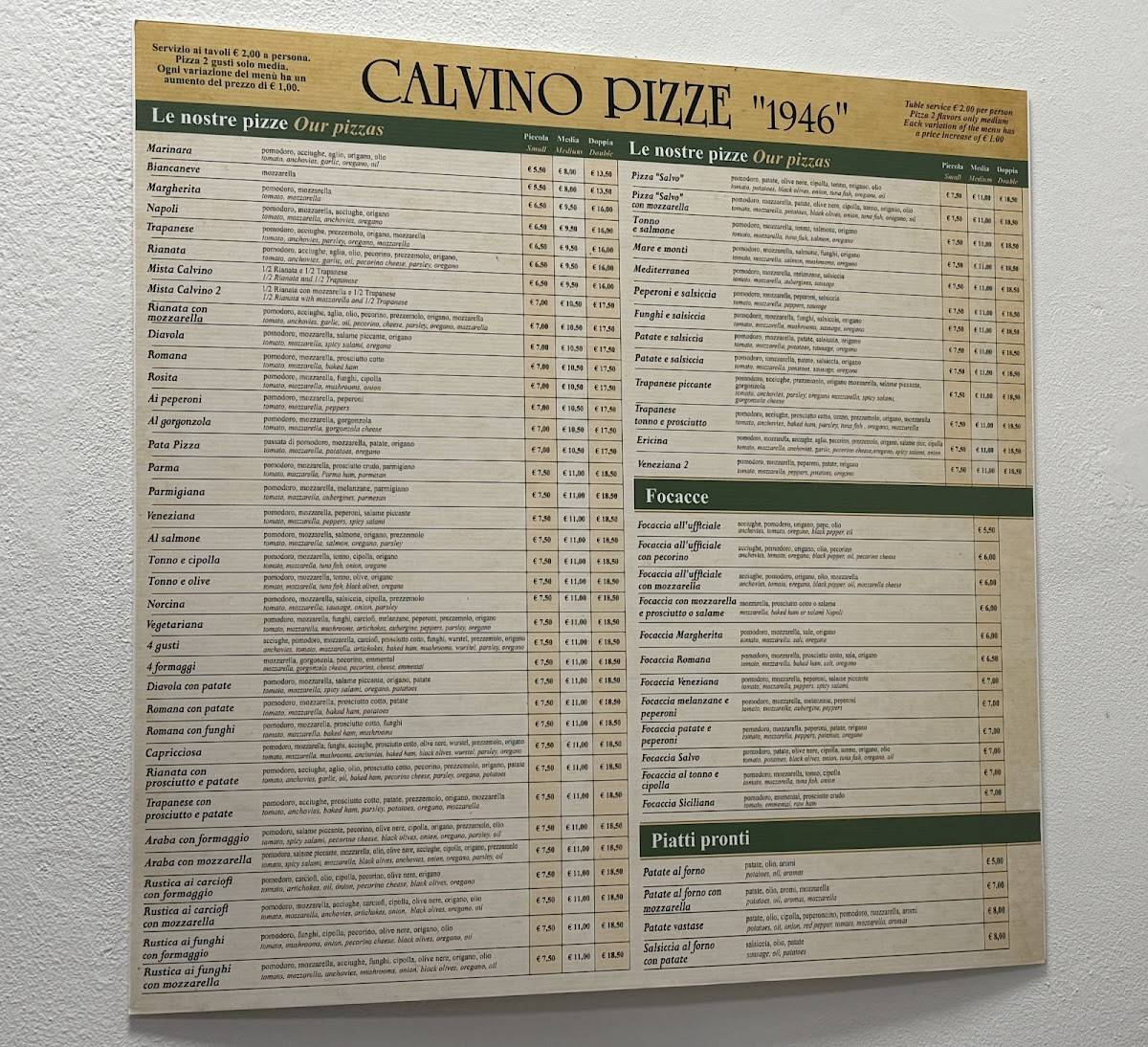 Menu di Pizzeria Calvino 