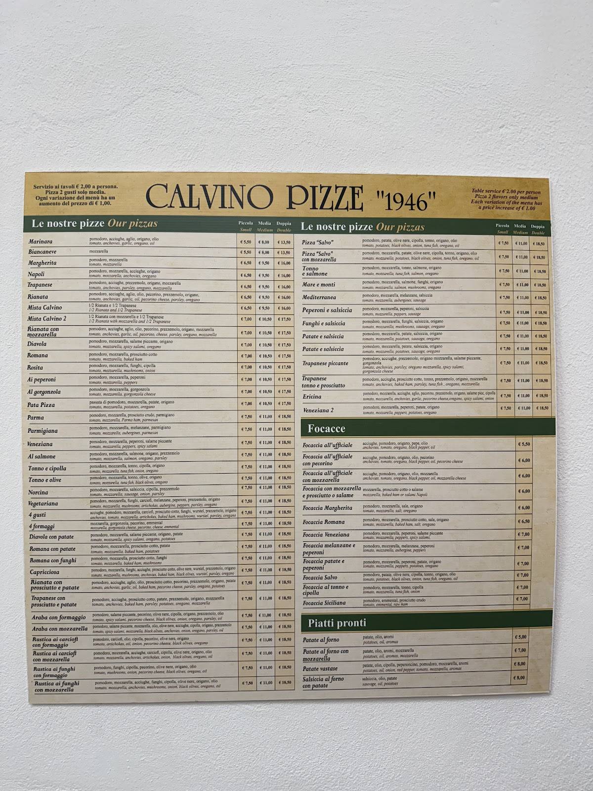Menu di Pizzeria Calvino 