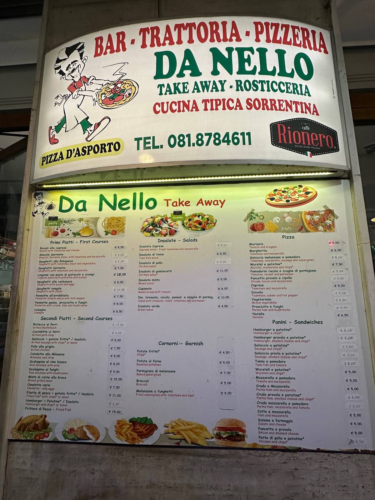 Menu di Da Nello take away trattoria pizzeria 