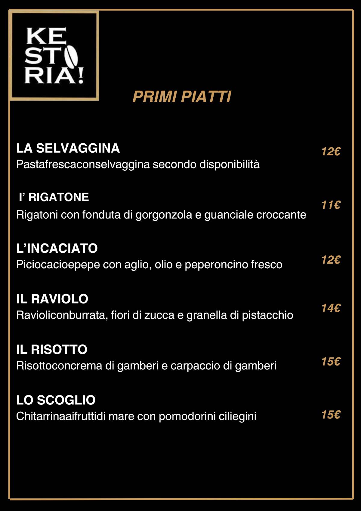 Menu di Kestoria pizzeria ristorante caffetteria lounge bar 