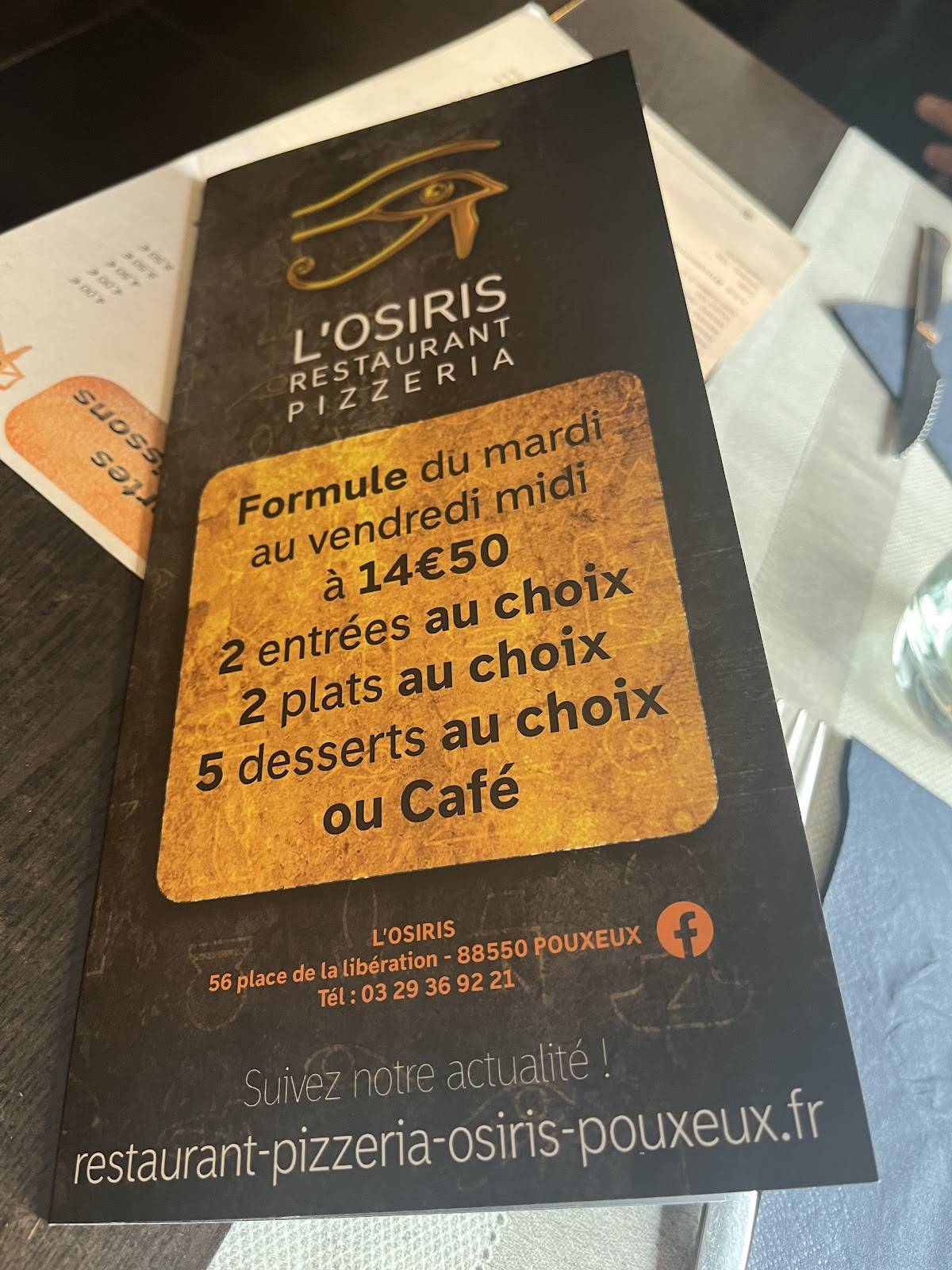 Menu de Pizzeria L'Osiris