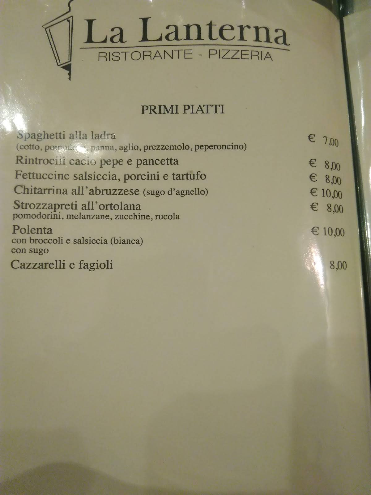 Menu da Pizzeria Ristorante La Lanterna, Castel di Sangro