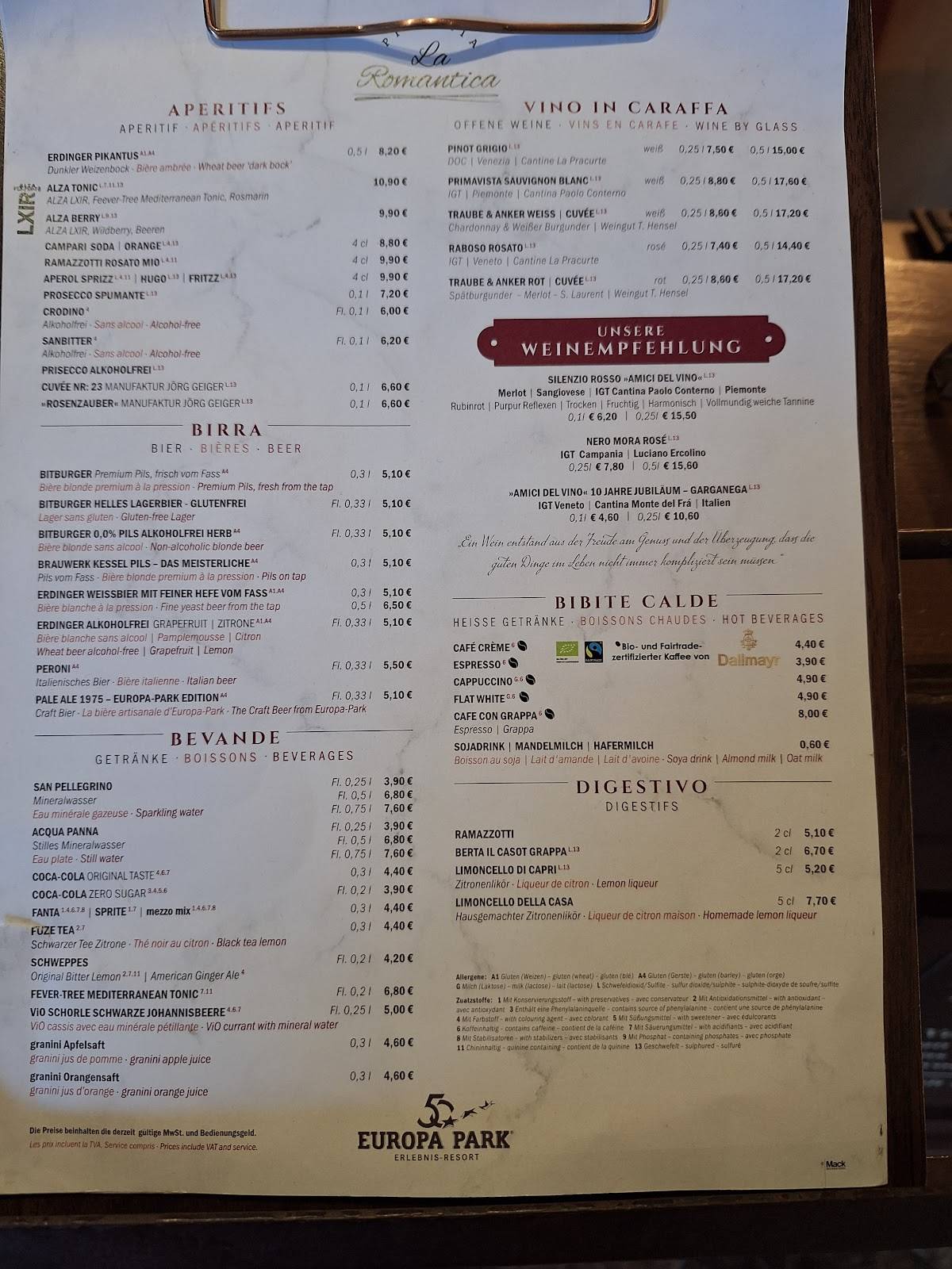 Menu de Pizzeria "La Romantica"