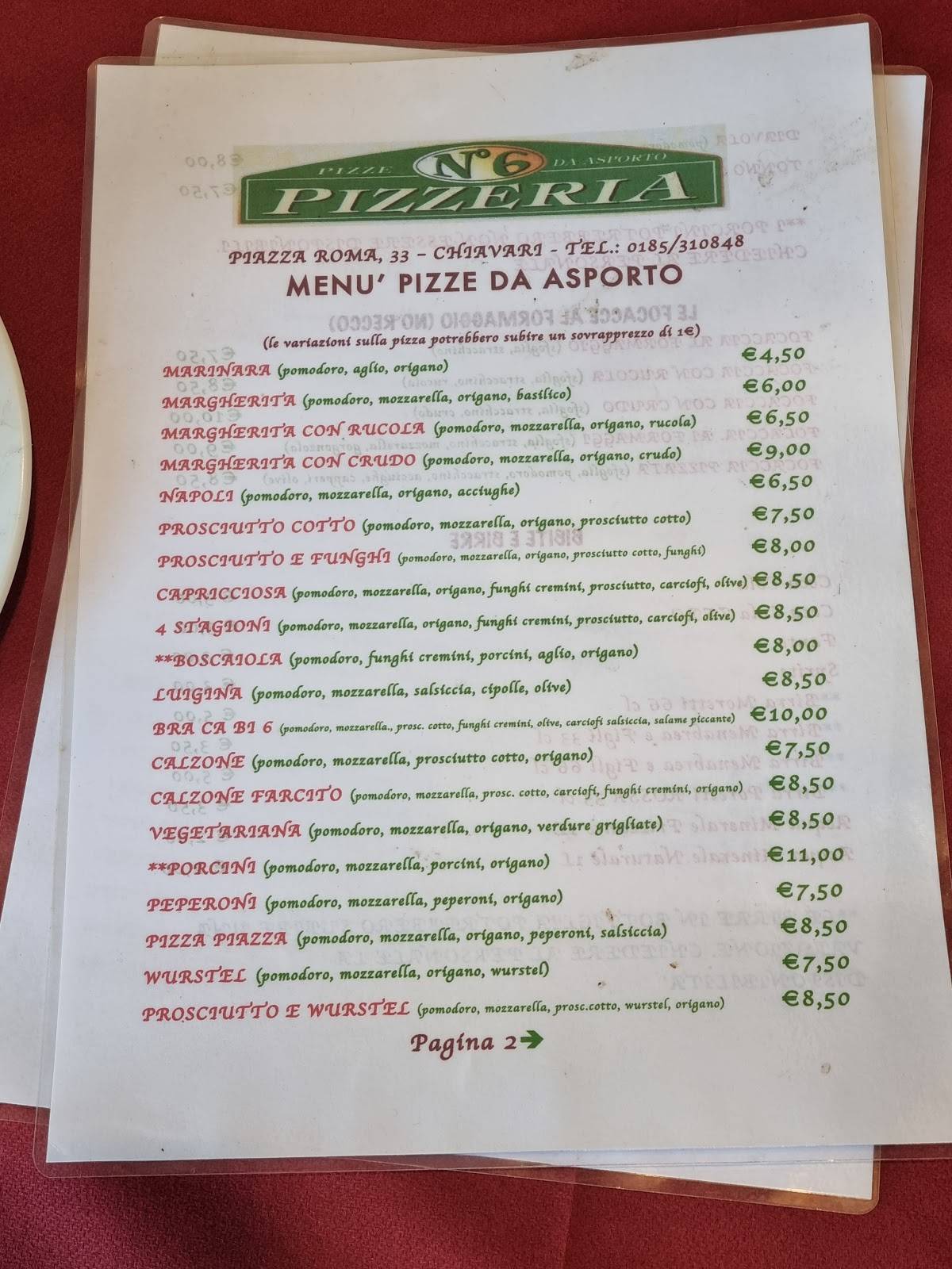 Menu di Pizzeria N°6 