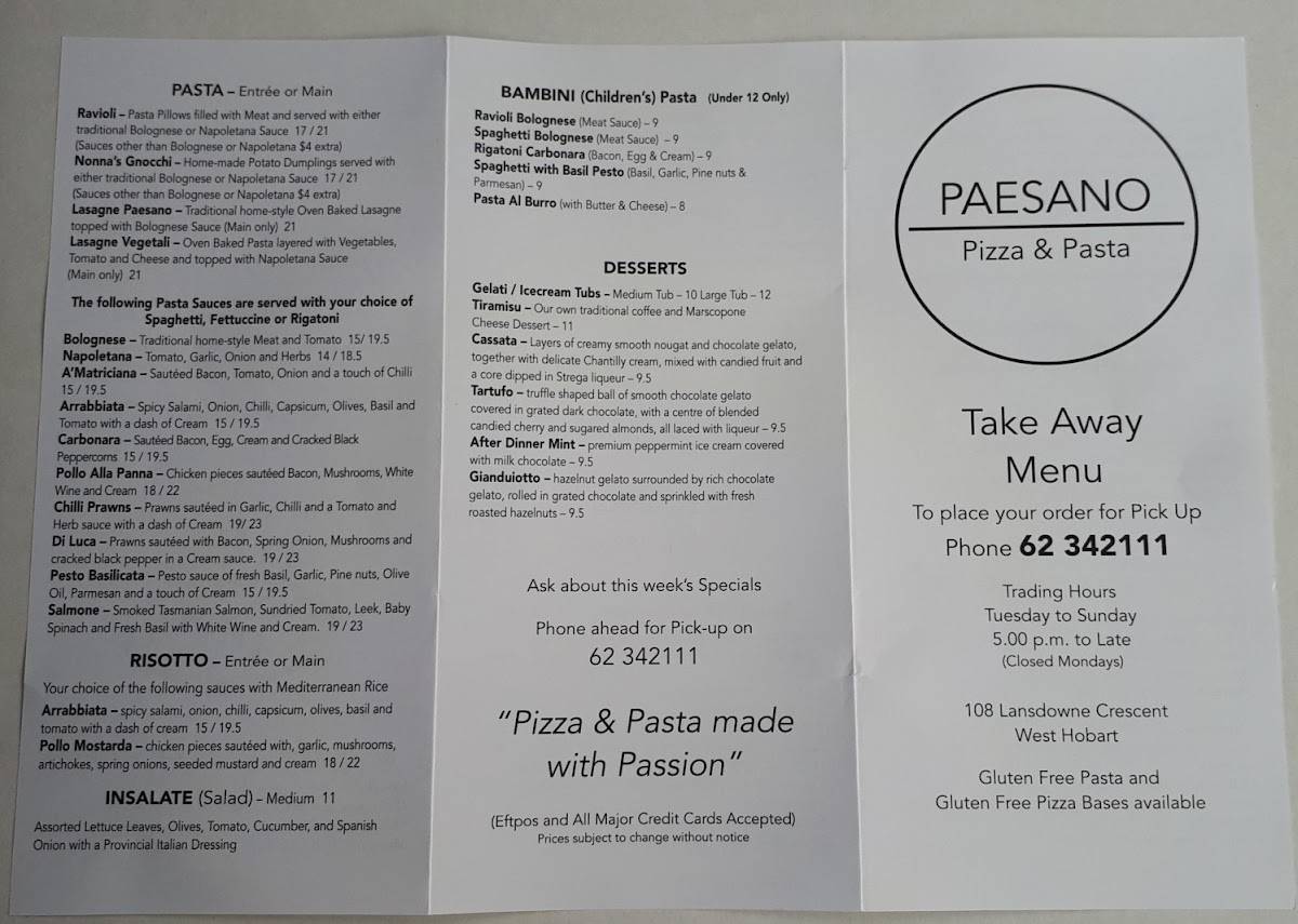 Menu at Paesano Pizza & Pasta pizzeria, West Hobart, 108 Lansdowne Cres