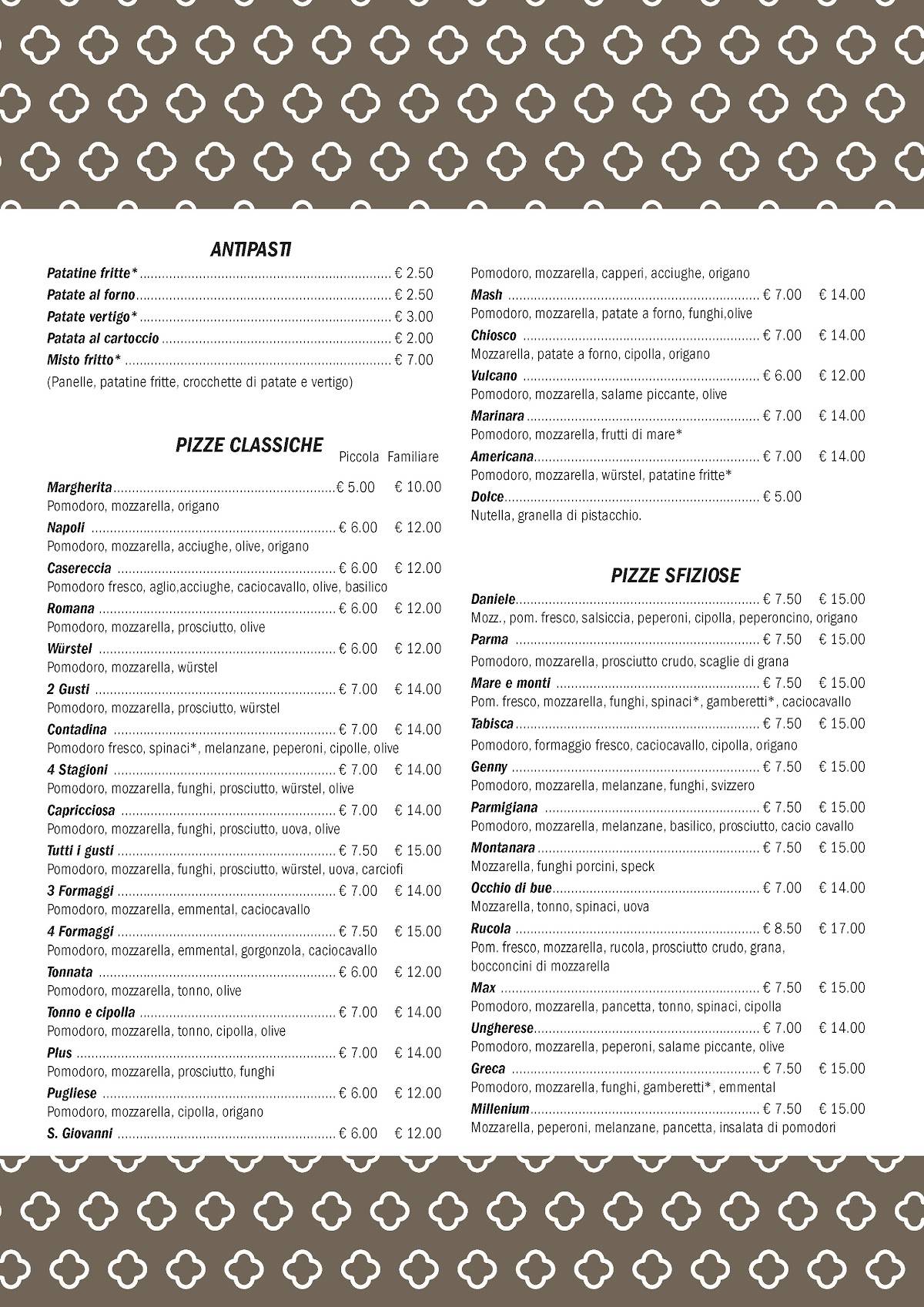 Menu di Pizzeria Panineria Chiosco Sant'Angelo di Paradino Massimo 
