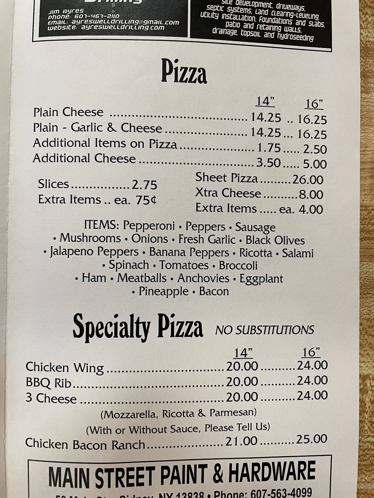Menu at Sidney Joe's pizzeria, Sidney