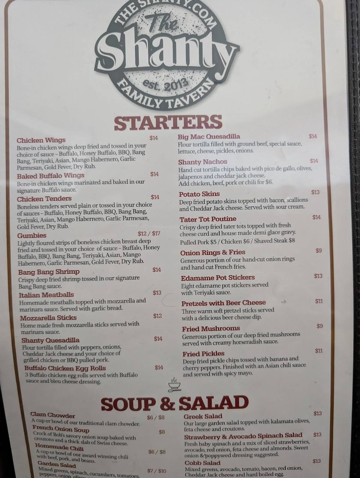 Menu at The Shanty Dover/Rollinsford pizzeria, Rollinsford