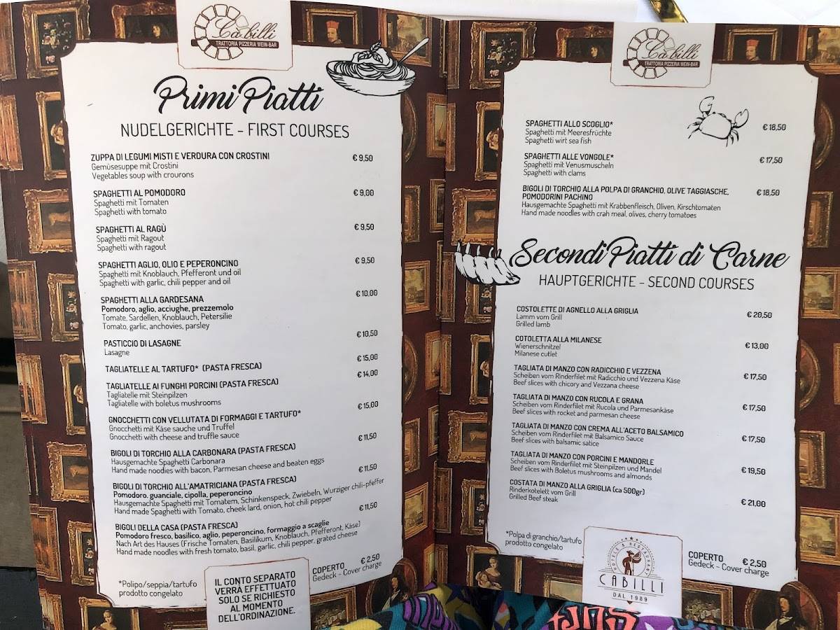 Menu di Pizzeria Trattoria Ca' Billi 