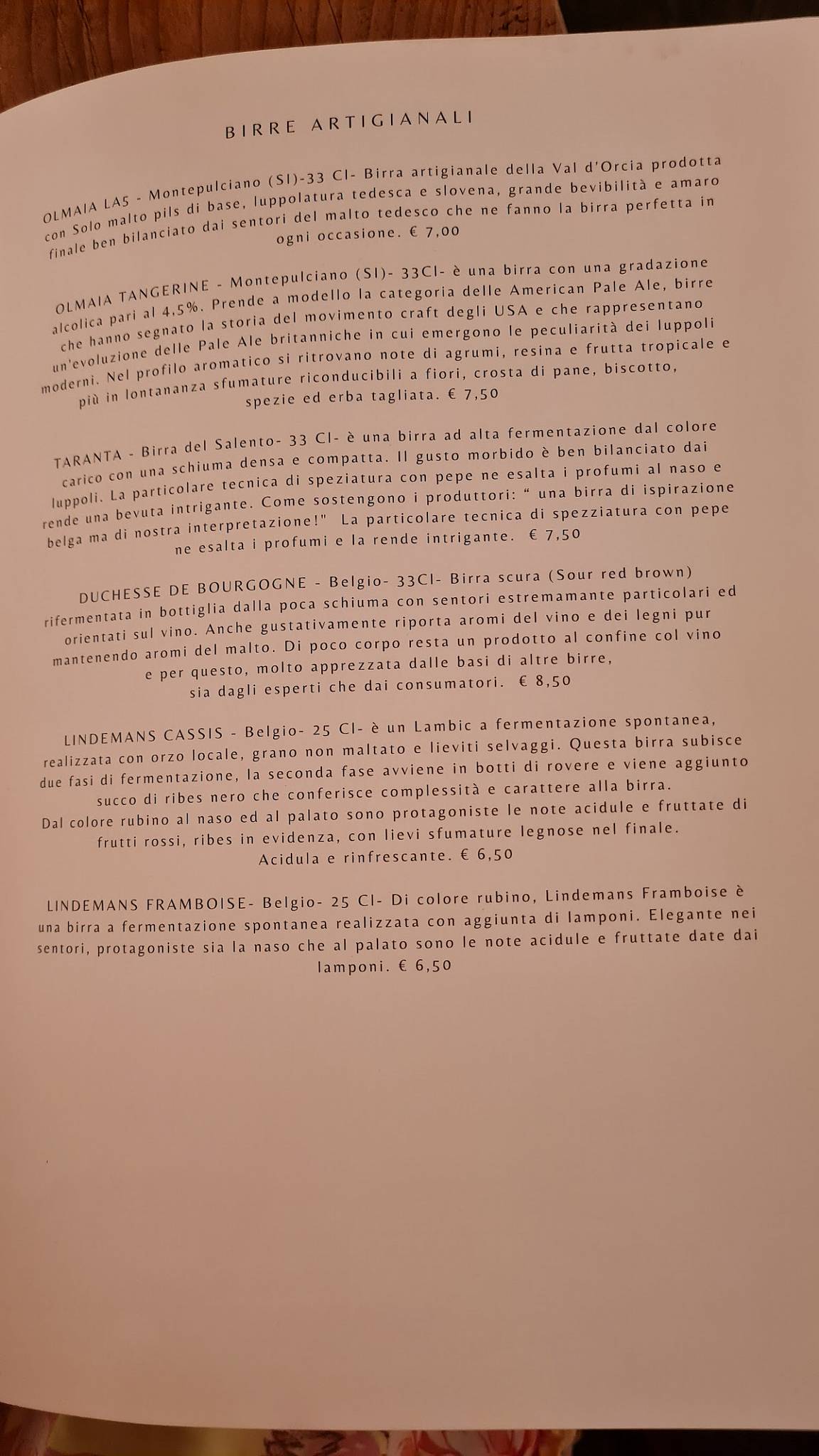 Menu di Podere 39 
