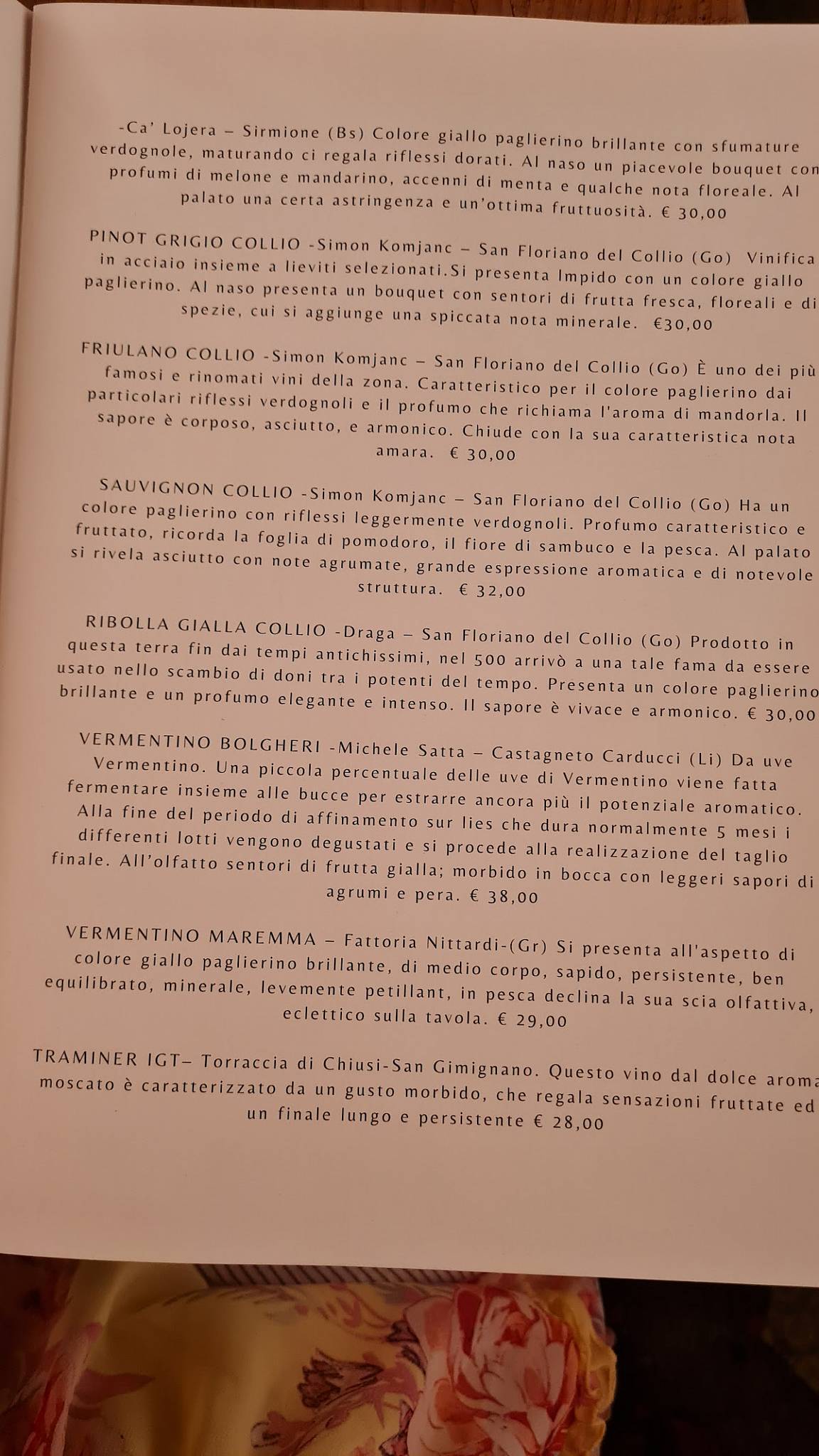 Menu di Podere 39 