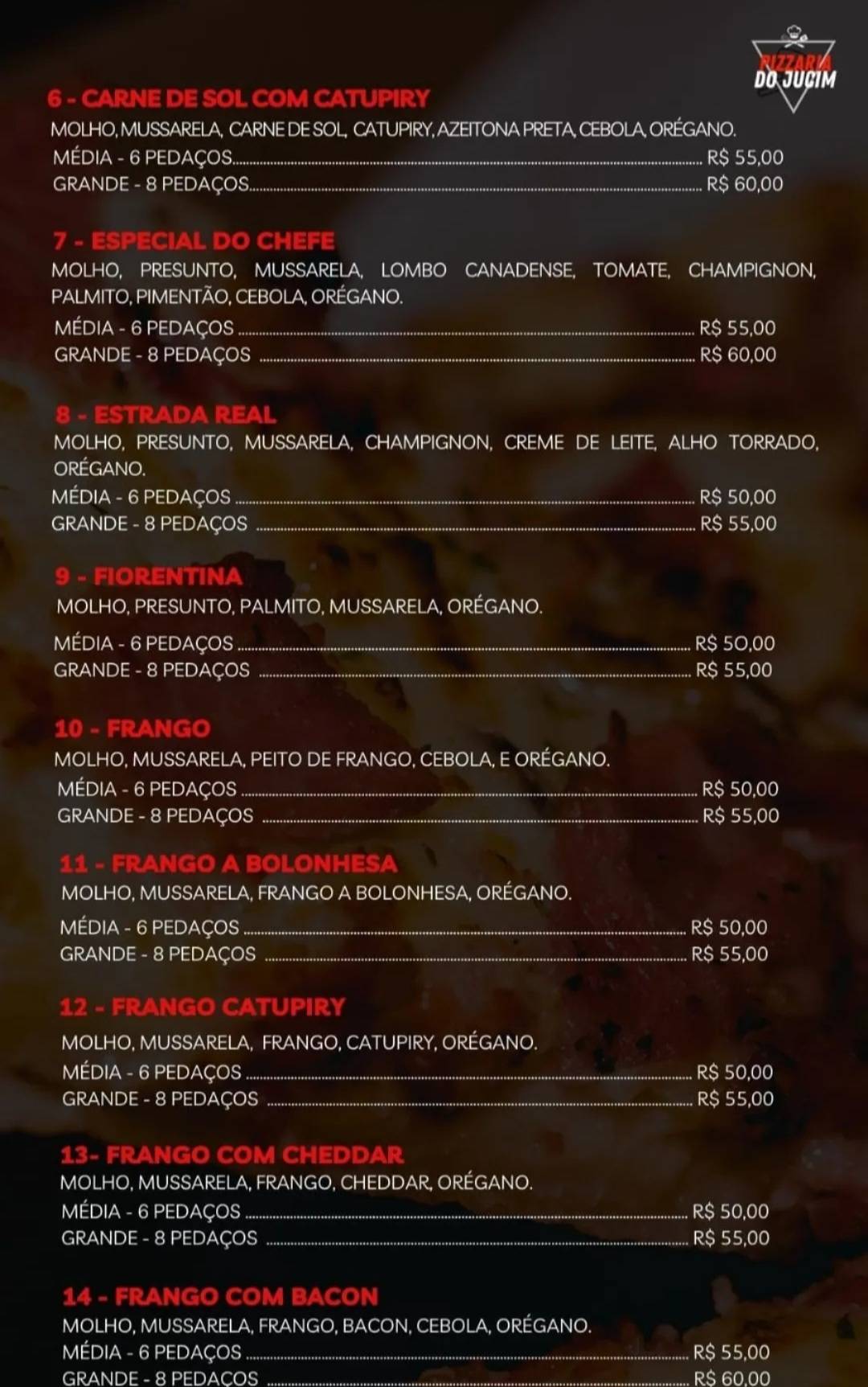 Pizzaria do jucim cardápio