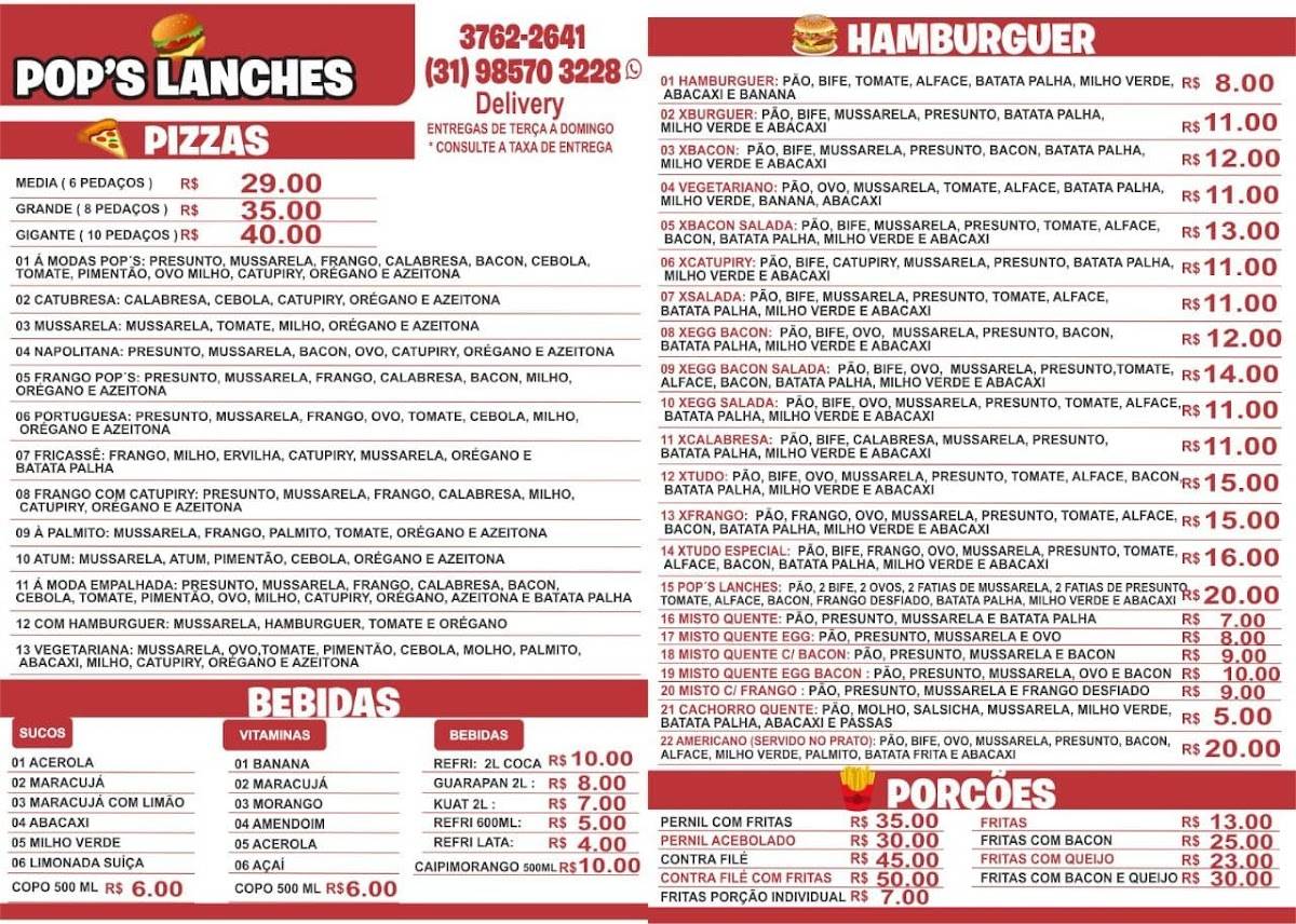 Pop's Lanches cardápio