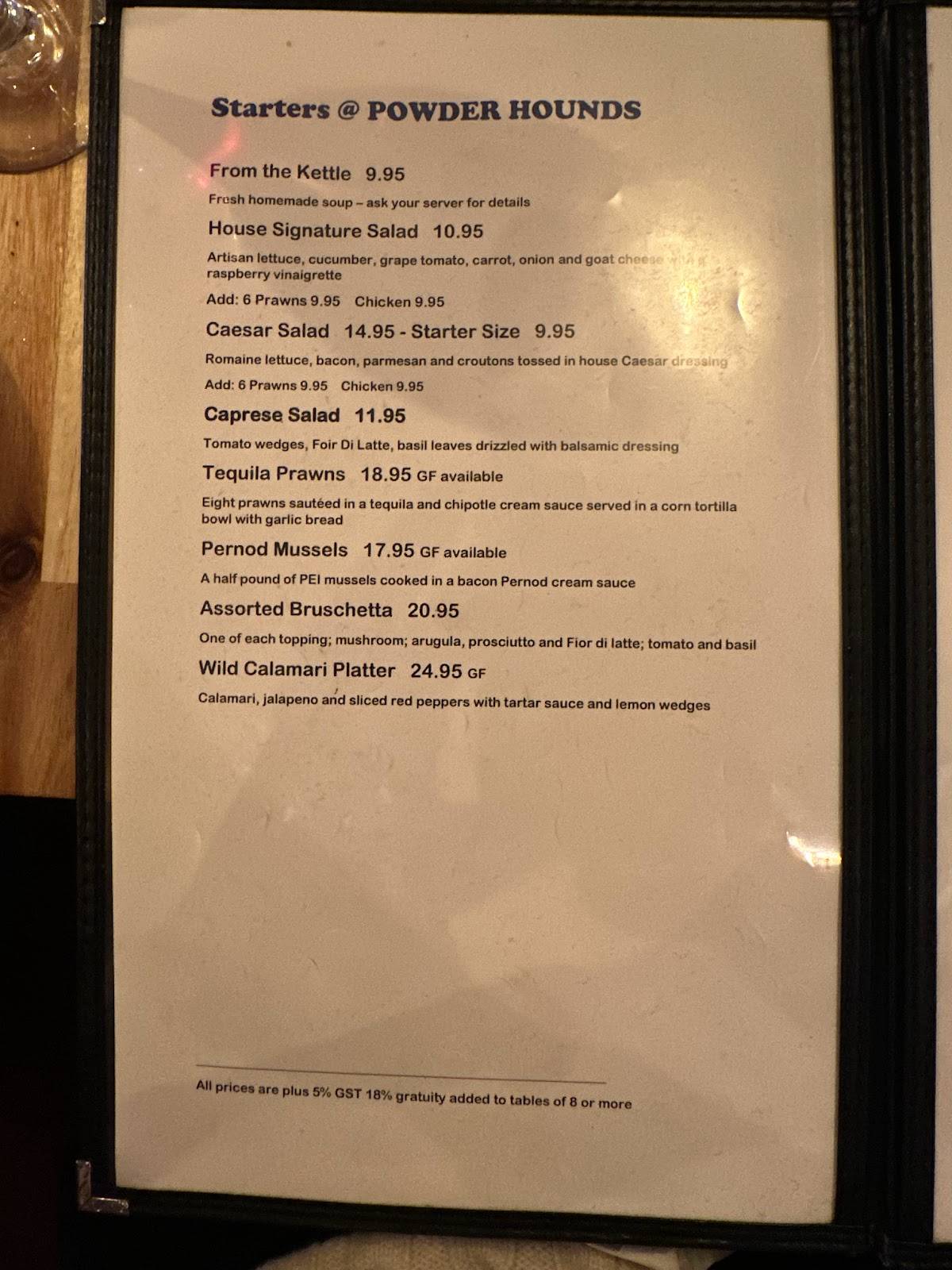 Menu de Powder Hounds Restaurant