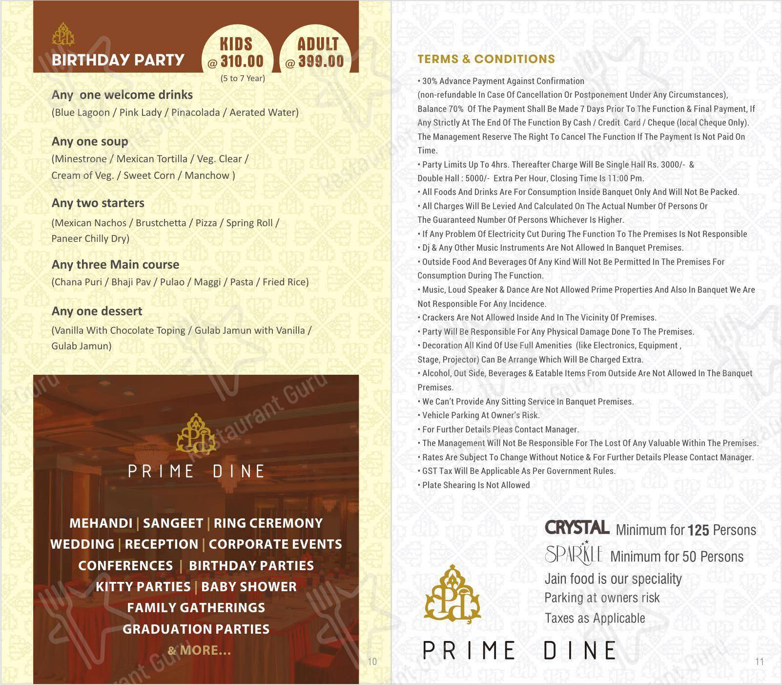 菜单 for the Prime Dine Restaurant restaurant