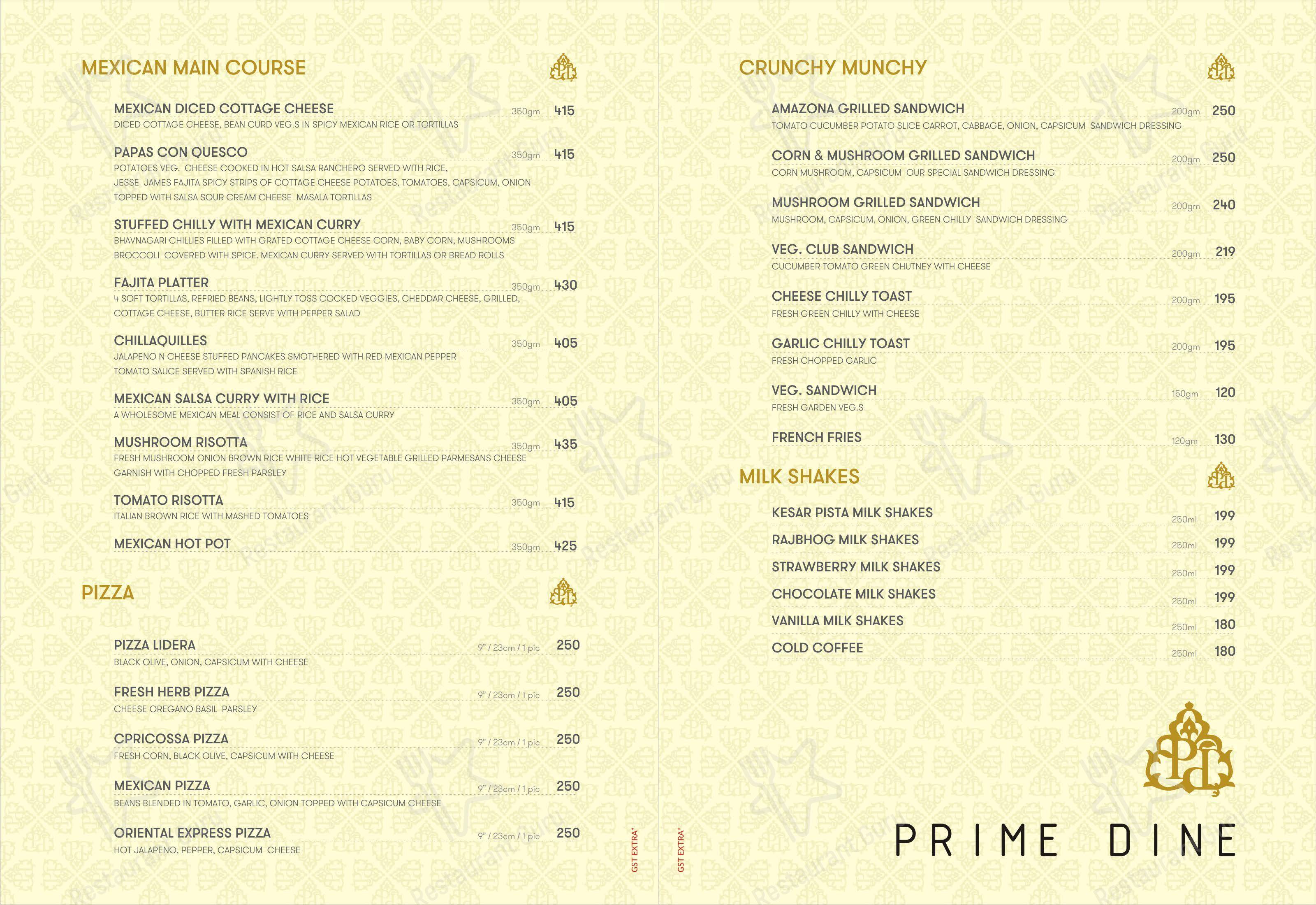 Menu for the Prime Dine Restaurant restaurant