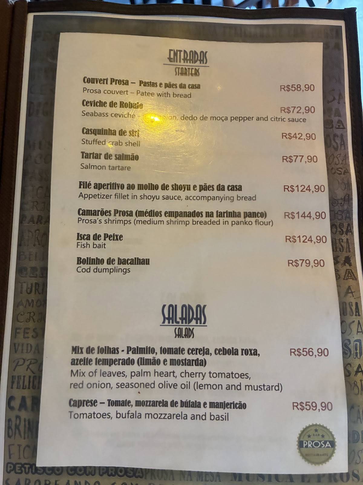 Prosa Restaurante cardápio