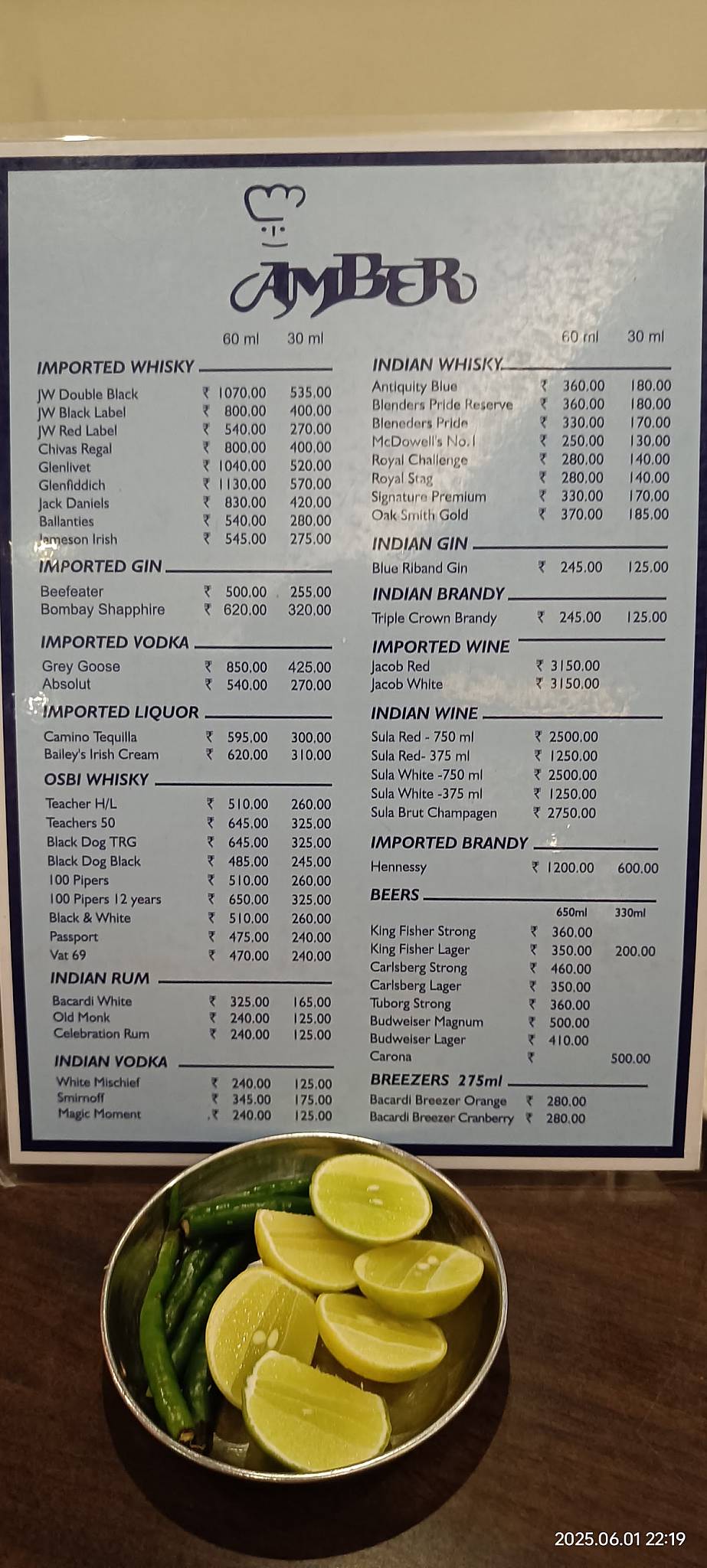 Amber Restaurant menu