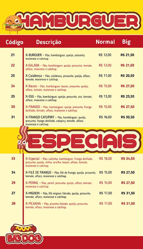 Big Dog Lanches cardápio
