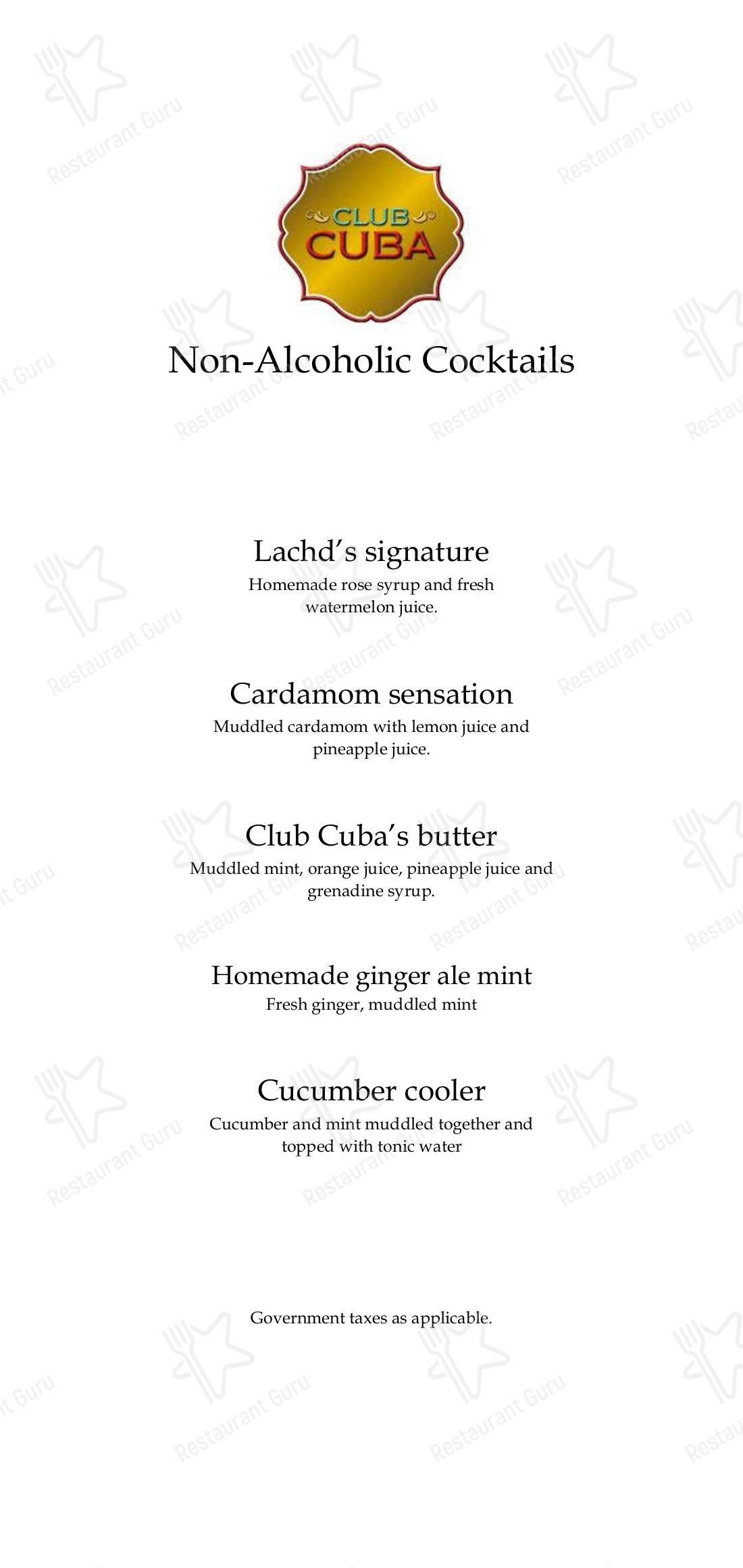 Menu for Club Cuba in New Delhi