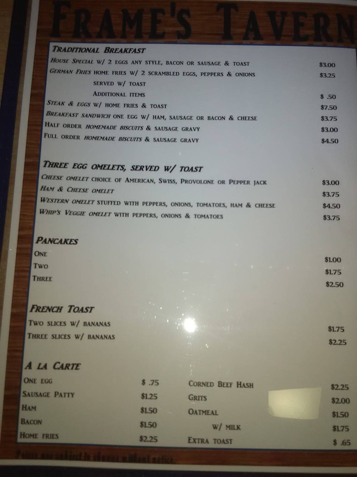 Menu at Frame's Tavern pub & bar, Canton